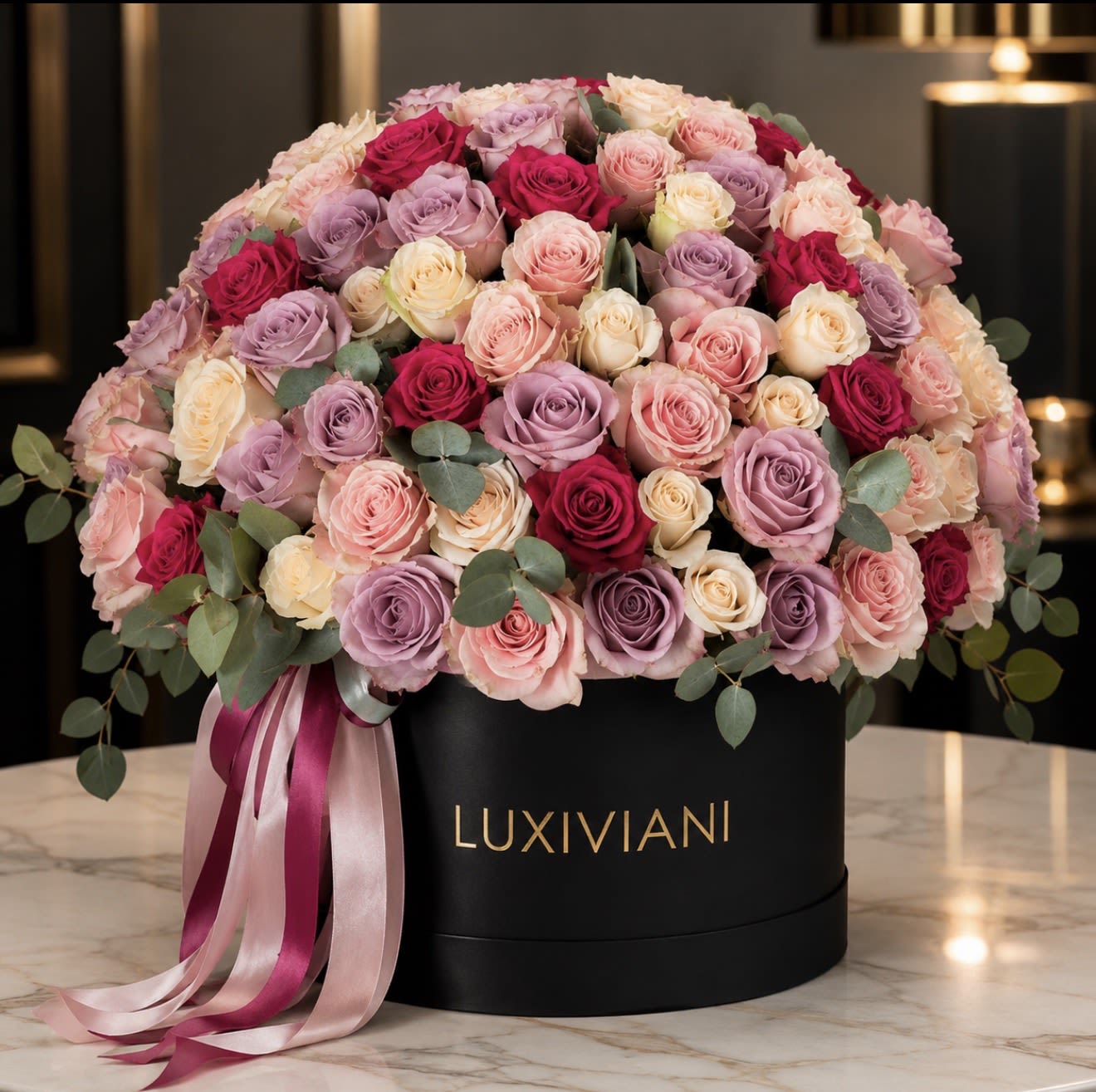 Amour Noir - A captivating expression of romance and sophistication, Amour Noir features an abundant collection of premium roses in blush pink, lavender, ivory, and deep raspberry hues, artfully arranged in our signature matte black LUXIVIANI hat box.  Finished with delicate eucalyptus and flowing satin ribbons, this extraordinary arrangement is designed to make a lasting impression and celebrate life’s most meaningful moments.  Perfect For:  Birthdays  Anniversaries  Congratulations  Luxury Gifting  Romantic Gestures   For those who believe every occasion deserves something unforgettable. 