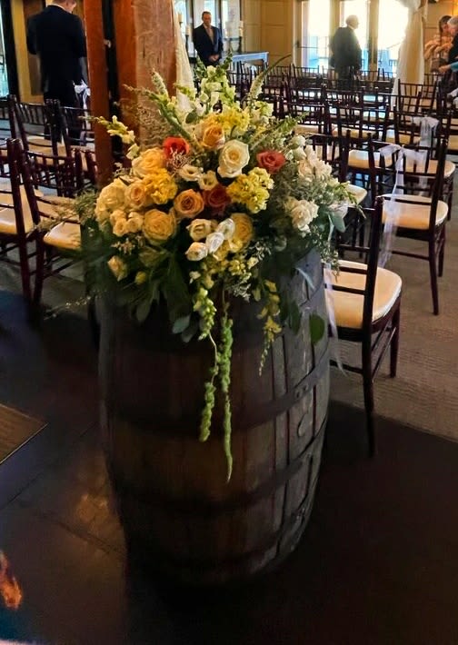whiskey barrel topper - large floral toppers can be in front of arbors, on top of whiskey barrels or used in ceremonial aisles also can be repurposed to sweetheart table