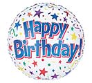 18" Happy Birthday Stars Multi colored Mylar - Give the birthday star of the day a burst of party-ready cheer with this 18" Happy Birthday round foil balloon - a bright, multicolored accent perfect for birthday decor or a gift topper. The large blue "Happy Birthday" lettering with playful pink shadowing pops against a white field scattered with confetti-like dots and colorful stars, so the person you're celebrating will immediately feel recognized and festive.  Made from durable foil, this 18-inch balloon holds helium or air and pairs effortlessly with bouquets, gift bags, or table centerpieces to complete a birthday display. Its mixed blue, pink, white, and multicolor print keeps the look joyful and versatile for kids, friends, or coworkers; order inflated for pickup or add it to any floral arrangement to make the celebration feel truly special.