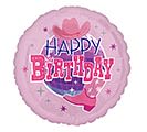 18" Cowgirl Happy Birthday - A playful pink cowgirl birthday arrangement designed to delight a child or teen, this flower arrangement pairs bright pinks and purples with crisp white accents and an 18" round "Happy Birthday" balloon to set a festive tone. Perfect for a birthday celebration, the balloon's layered pink and purple graphics with star accents make the gift feel cheerful and age-appropriate-the kind of present that makes the recipient beam as soon as it arrives.  This arrangement blends soft pink and purple blooms with touches of white for contrast, finished with the included round pink birthday balloon that reads "Happy Birthday" across the center. Sized to make a fun tabletop display, it arrives ready to celebrate and is ideal for bedroom surprises, party centerpieces, or a special delivery to a young loved one. Order with confidence for same-day delivery when available to ensure the surprise arrives fresh and on time.