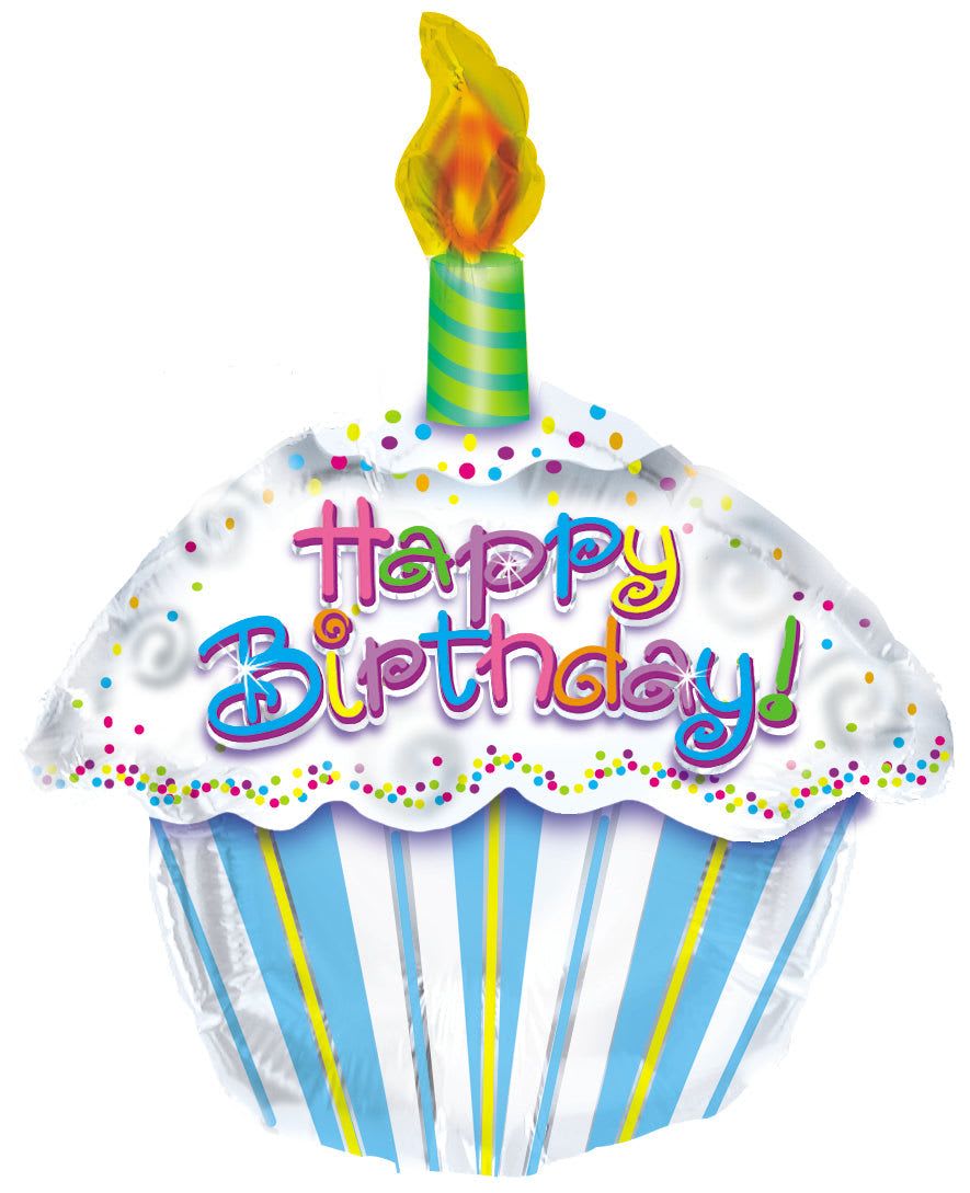 18" Happy Birthday Cupcake Mylar  - Cheerful and whimsical, this 18" cupcake-shaped foil balloon is the perfect birthday flower arrangement accent to make someone feel celebrated. Designed as a birthday bouquet topper for parties or surprise deliveries, the white frosted top, multicolored confetti dots, and playful candle detail give the recipient an instantly festive moment they'll remember.  The balloon's striped blue-and-yellow base and bold "Happy Birthday!" lettering in bright pink, blue, purple, and yellow add vivid pops of color that pair beautifully with mixed bouquets or solid-color stems. As a foil balloon, it holds helium well and maintains its shape-ideal as a standalone gift accent or clustered with flowers in white, blue, pink, or yellow tones.  Send this to mark a birthday for a friend, child, coworker, or family member who loves fun, colorful celebrations; it reads loud and joyful so the person you're thinking of will feel seen and celebrated. Balloons ship inflated where allowed-check delivery details for local helium handling and placement with your floral selection.