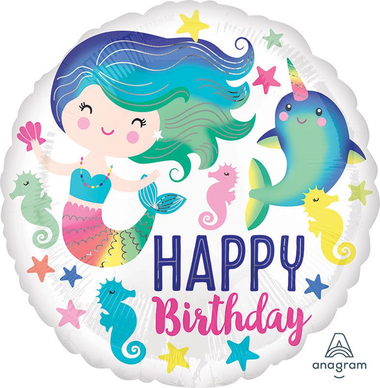 18" Happy Birthday Mermaid  - A cheerful round foil balloon featuring a smiling mermaid and playful seahorses, perfect as a birthday decoration or party accent for a child. This 18" birthday balloon brings a whimsical underwater theme to the celebration, using bright pastel blues, pinks, yellows, and greens with "Happy Birthday" prominently displayed to make the recipient feel celebrated and delighted.  Printed on a glossy white background, the foil balloon includes stars and sea-themed accents that pop in photos and party spaces; it pairs beautifully with mixed-color bouquets or as a standalone surprise. Lightweight and eye-catching, it's an easy way to add color and personality to a party setup - ideal for a birthday girl or anyone who loves mermaids and ocean motifs.