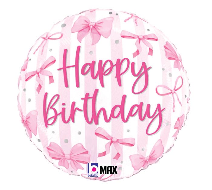 18" Pink Bow Happy Birthday Mylar - A round foil birthday balloon dressed in soft pink bows and silver polka dots - this 18" pink and white birthday balloon is an instant party maker for a birthday celebration or surprise. The large pink script "Happy Birthday" across the center gives the recipient a cheerful, celebratory moment the minute they see it, making it perfect for moms, sisters, friends, or anyone who loves a feminine, playful look.  Made of durable foil with a glossy finish, the 18-inch round balloon features a white background, scattered silver dots, and decorative pink ribbon bows for a light, festive feel. It arrives ready to inflate and pairs beautifully with bouquets or as a standalone tabletop accent to brighten a room. Ideal for birthday party decor, gift deliveries, or a last-minute surprise - it's the kind of small touch that makes someone feel genuinely celebrated.