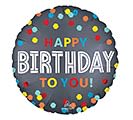 18" Polka dot Happy Birthday Mylar - A playful 18" polka dot Happy Birthday Mylar balloon makes a bold, festive statement for any birthday party or gift. This round foil balloon features a dark background sprinkled with multicolored confetti dots and bright white "BIRTHDAY" lettering framed by smaller, colorful "HAPPY" and "TO YOU!" text-perfect as a cheerful topper for a birthday bouquet or a stand-alone surprise to make the person you're thinking of grin.  Lightweight and durable, the 18-inch foil balloon holds helium well or can be anchored with ribbon to sit on tabletops or gift packages; colors include black, white, and a lively mix of confetti shades that match most party themes. Ideal for friends, family, coworkers, or kids, it sends an unmistakable celebratory message-order as an add-on to flowers or on its own to create an instant party vibe.