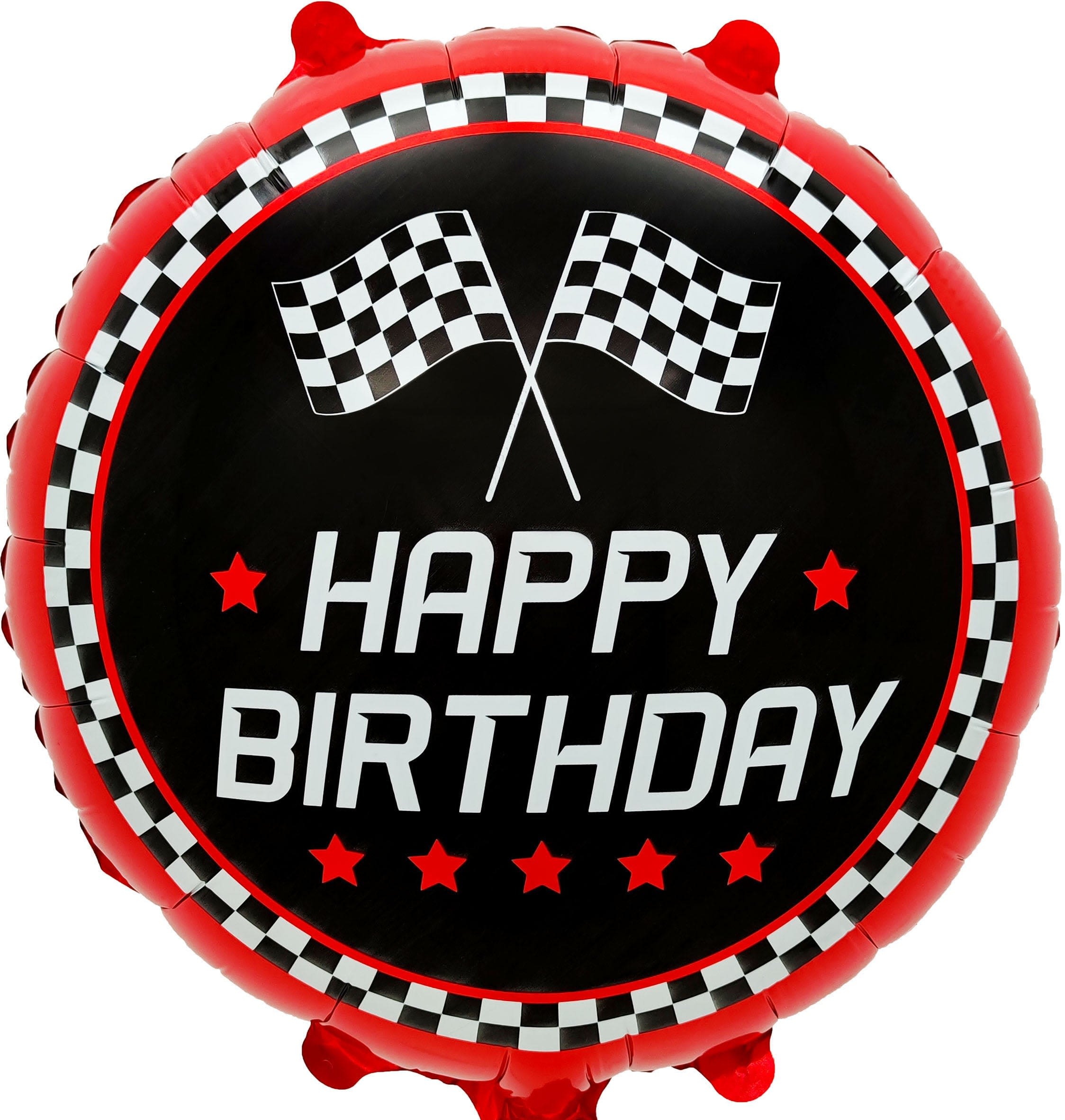 18" Race Track Mylar  - Black center, bold red border, and classic black-and-white checkered flags give this 18" race track mylar balloon instant high-energy appeal - a perfect birthday balloon for anyone who loves racing, cars, or sporty party themes. The prominent "HAPPY BIRTHDAY" in white, set off by red stars, makes the celebratory message unmistakable and ensures the recipient feels noticed and cheered on.  Made from durable foil with a round 18-inch diameter, this balloon holds its shape and shine for party-ready impact as a single accent or paired with bouquets and table centerpieces. Use it to top a gift, mark a special chair, or send as a birthday surprise that reads playful, bold, and fun; it's ready to inflate and lasts longer than latex so the person you're celebrating stays in the winner's circle.