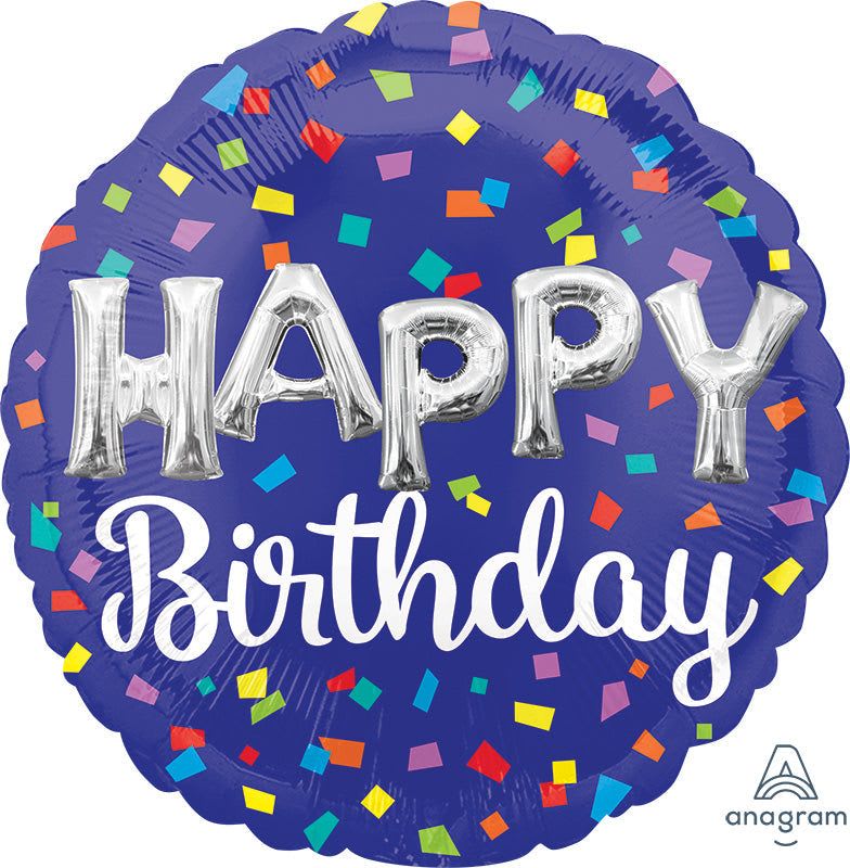 28" Jumbo Birthday Mylar  - A bold, festive 28" jumbo birthday Mylar balloon that makes a big, celebratory statement for any birthday party or gift set. This round foil balloon features a deep blue background scattered with multicolored confetti shapes and large silver "HAPPY" lettering with "Birthday" in white script-perfect for birthdays, milestone celebrations, or as an upbeat add-on to a gift bouquet to make the recipient feel noticed and celebrated.  Durable foil construction keeps the balloon shiny and vibrant; at 28 inches it's large enough to top a table display, float above a gift, or anchor a party entrance. Colors include deep blue, mixed confetti tones, silver and white accents to coordinate easily with most party palettes. Ideal for adding instant party energy for the person you're honoring-order it with helium fill for immediate float or send uninflated for local delivery with arrangements; follow standard balloon safety and disposal guidance.
