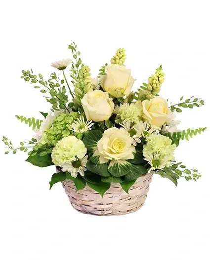 Poetic Pleasure Basket Arrangement - This bouquet is an ode to beauty! The gorgeous champagne roses, green carnations, green hydrangea, and more create a stunning image, perfect for any occasion. Surprise someone you love with Poetic Pleasure today!  Includes: Basket , Sword Fern, Pennycress, Salal , Kale , Green Carnations , Green Hydrangea , White Daisy Poms, Champagne Roses , Tuberoses.