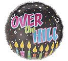 18" Over the Hill Mylar - Playful and cheeky, this 18" Over the Hill Mylar balloon is a lively birthday accent perfect for a milestone celebration. The round black background makes the multicolored "Over the Hill" lettering pop, while scattered star confetti and illustrated birthday candles with yellow flames add a fun, festive vibe-ideal for an adult birthday, gag gift, or retirement bash where laughter is the goal.  Made from durable mylar with bold black, pink, blue, and yellow graphics, this balloon stands about 18 inches across and pairs easily with floral bouquets or a gift basket to help the person you're celebrating feel seen and celebrated. Lightweight and ready to inflate, it's an easy add-on for same-day delivery-just choose helium if you want it to float or air if you prefer to tuck it into an arrangement.