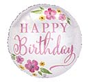 18" flower Happy Birthday Mylar - A light, cheerful birthday balloon in soft pink, white, yellow, and green that says "Happy Birthday" in playful pink lettering-perfect as a standalone party accent or a small gift to celebrate her special day. The round white balloon is edged with painted floral accents in pink and yellow with fresh green leaves, giving it a feminine, celebratory feel that will make the person you're thinking of smile the moment they see it.  This balloon works beautifully alone on a birthday table, tied to a gift, or added to a small bouquet for extra flair. Durable printed design keeps the message clear and festive; order it as a simple, thoughtful way to mark birthdays when you want the recipient to feel noticed and celebrated.