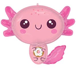 28" Pink Axolotl Mylar - Bright, playful and impossible to miss, this 28" pink axolotl foil balloon brings a cheerful pop to birthday celebrations and kids' parties. The balloon's cartoon face-with large eyes, rosy cheeks and little side fins-creates an instant smile, making it the kind of gift that will make a child or whimsical-spirited friend feel seen and celebrated.  Rendered in vibrant pink with white and purple accents and a tiny donut graphic on its belly, the balloon measures 28 inches across and is ready to float above gift tables or tied to a chair for an extra festive touch. Lightweight and durable foil construction keeps the colors vivid; pair it with other balloons or a small floral pick for a coordinated look. Ideal for birthdays, congratulations, or just because moments, this axolotl balloon is an easy way to send joy that's playful, bright, and delightfully memorable.