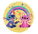 18" Stitch and Angel Mylar - A cheerful round foil balloon featuring Stitch and Angel beneath a rainbow makes this 18" Stitch and Angel Mylar perfect for birthday parties and kid‑friendly celebrations. As a festive balloon gift, it reads as fun and celebratory-ideal for a child's birthday, a baby shower, or to surprise someone who loves Disney characters and playful pastel decor.  The bright yellow background with accents of pink, blue, and purple gives the balloon a sunny, uplifting look that pairs well with colorful bouquets or stands alone as a party centerpiece. Made of foil for a longer float than latex, the 18-inch size is easy to attach to a weight or include in a mixed balloon cluster. Order it to add instant whimsy to the celebration and make the recipient feel joyfully celebrated.