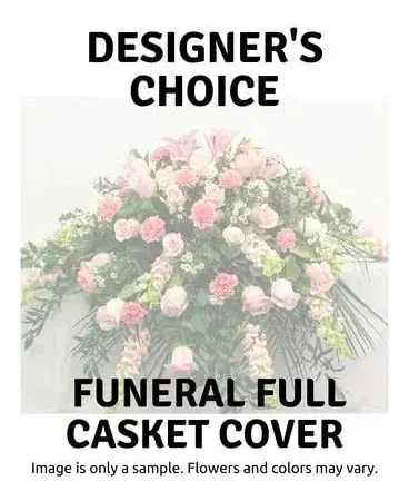 Pink and white funeral casket cover with mixed flowers