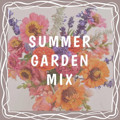 Mixed bouquet of pink, orange, and purple flowers with the words SUMMER GARDEN MIX