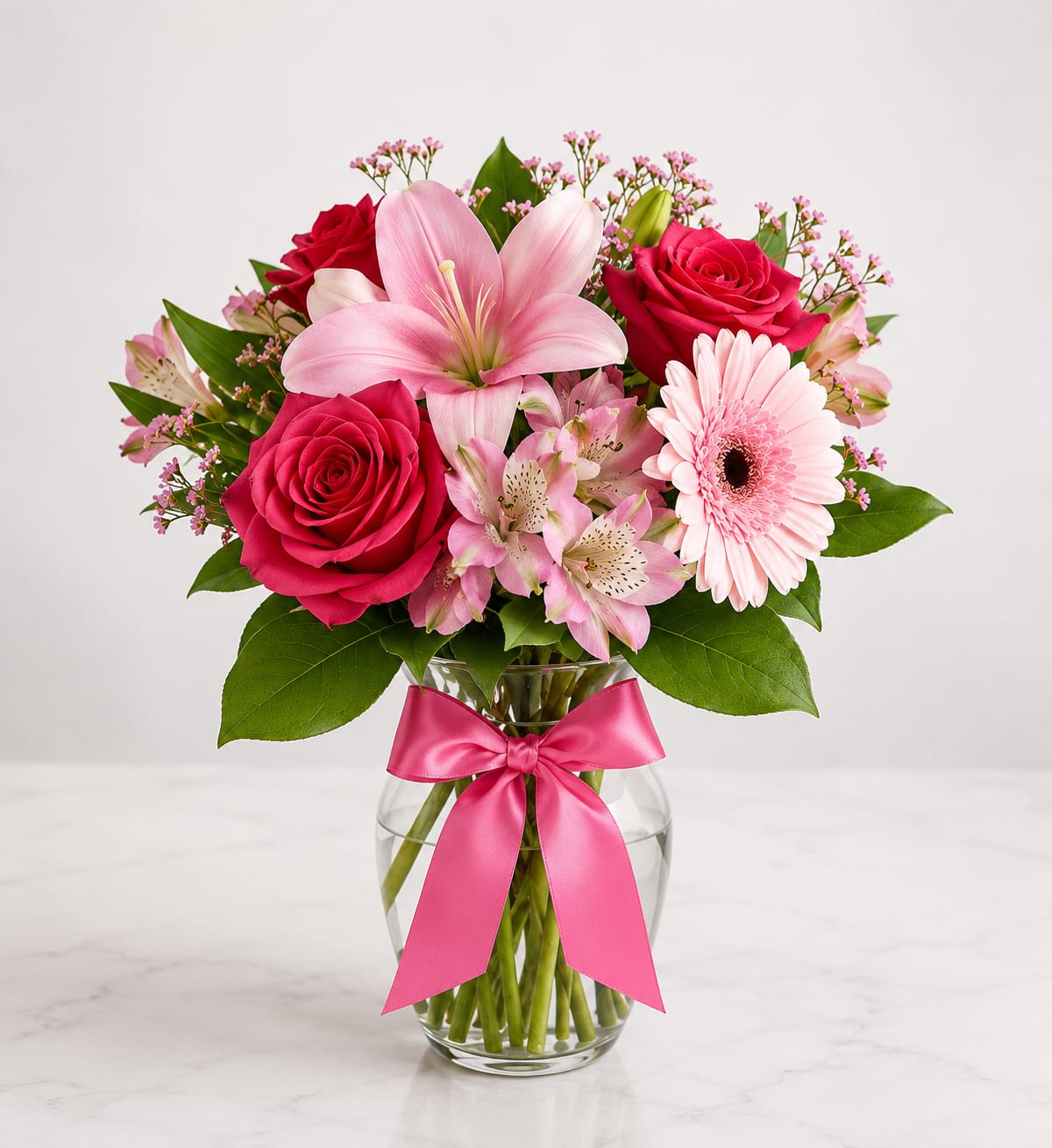 Sweet Romance Bouquet™ - Celebrate life's sweetest moments with Sweet Romance Bouquet™, a charming arrangement of vibrant red and pink roses, elegant pink lilies, soft pink gerbera daisies, delicate alstroemeria, and seasonal accent flowers, beautifully designed in a clear glass vase finished with a lovely pink satin ribbon. Perfect for birthdays, anniversaries, romantic occasions, Mother's Day, or simply letting someone know they're loved.