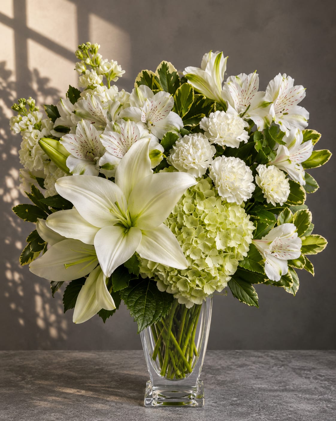 Solace  - Some feelings are too profound for words. Solace was created for those moments when kindness is expressed through presence rather than conversation. Luxurious white lilies unfold beside delicate alstroemeria, soft carnations, lush hydrangea, and fragrant stock, surrounded by rich greenery in a clear glass vase. Graceful, timeless, and filled with quiet light, this arrangement brings comfort, remembrance, and hope to any space.