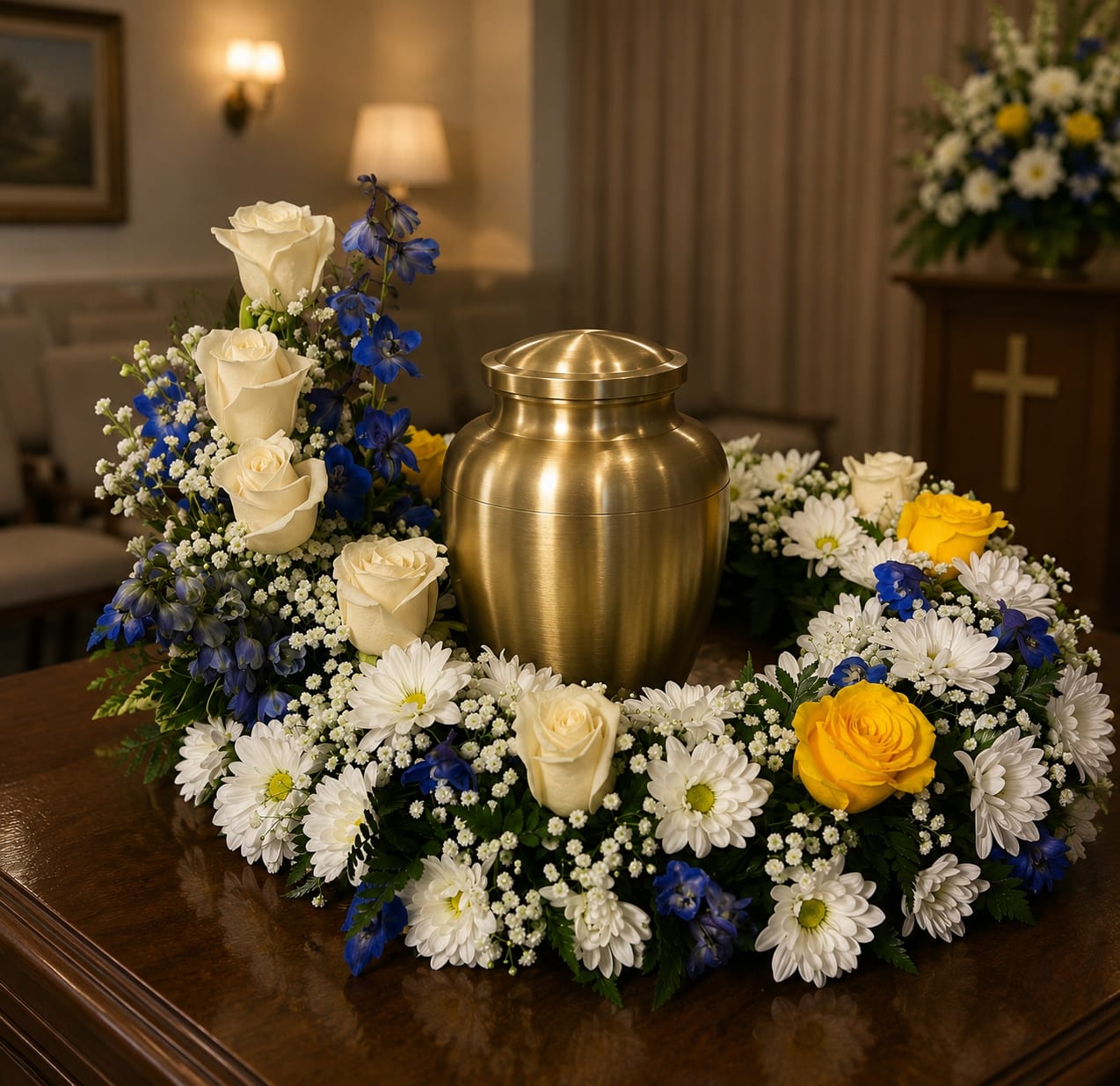 Navy, white and yellow urn wreath - A mix of yellow, white and navy surrounding the urn.
