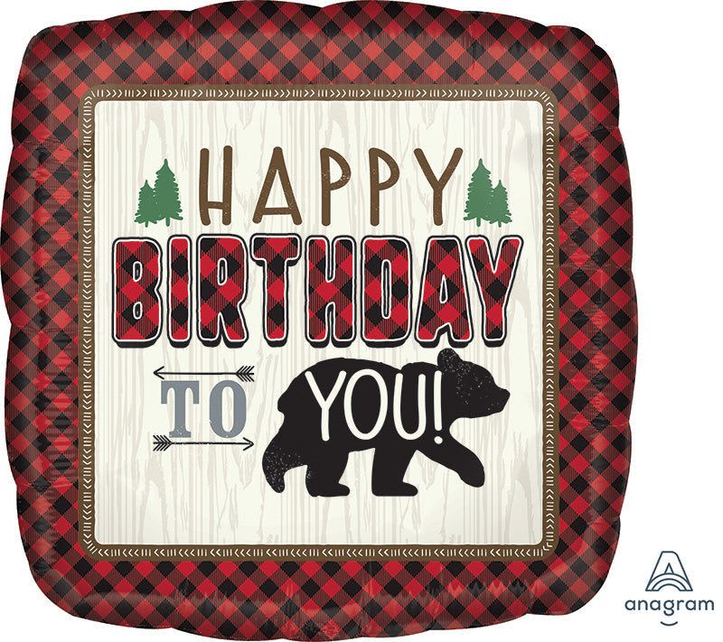 36" Jumbo Square Happy Birthday Mylar - A bold, cabin-inspired birthday arrangement that brings woodland charm to any celebration: this 36" jumbo square foil birthday balloon pairs rustic red-and-black plaid with a cream center panel and the playful message "Happy Birthday to You!" The black bear silhouette and small green tree icons create a lodge-ready look that makes the recipient feel seen-perfect for a birthday gift for someone who loves the outdoors, hunting lodge décor, or cozy cabin style.  The balloon's 36-inch square format commands attention on its own or as part of a larger gift display; its sturdy foil finish holds helium longer than latex and keeps the bold lettering crisp throughout the party. Color accents of red, black, white, and green coordinate easily with wrapped presents, a floral bouquet, or a cake table to create a cohesive birthday presentation that reads as thoughtful and intentionally themed.  Ideal for a dad, friend, camper, or anyone whose favorite getaway is a cabin in the woods-this balloon says festive and personal without fuss. Order timed delivery to arrive on the celebration day; foil balloons last for days indoors and require minimal care-keep away from sharp edges and heat sources to preserve their crisp, celebratory look.