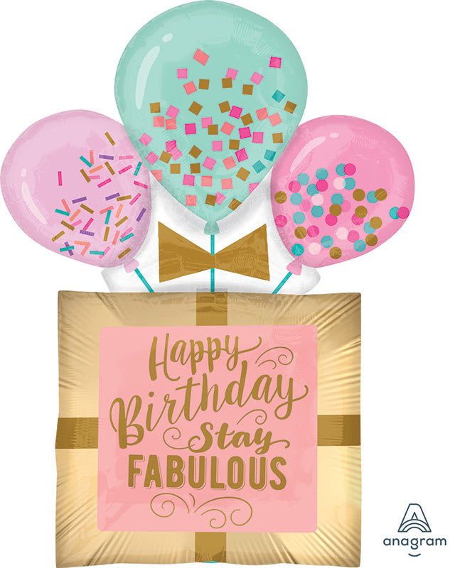 32" Stay Fabulous Happy Birthday Jumbo Mylar - Make her birthday feel unapologetically celebratory with a jumbo 32" birthday balloon gift set that reads "Stay Fabulous." This flower arrangement alternative pairs bright, playful balloons with a keepsake gold-wrapped gift box and printed pink front panel-perfect for birthday surprises, milestone parties, or to lift someone's spirits when you want them to feel seen and special.  Three pastel mylar balloons in pink and aqua with confetti-style detailing float above a gold-wrapped present box finished with ribbon and a bold "Happy Birthday Stay Fabulous" panel in gold lettering. The set also includes matching printed birthday signage and coordinating ribbon accents in mixed pastels (pink, yellow, blue) to create a cheerful, photo-ready presentation roughly 32" tall. Lightweight and ready to display, it's an effortless grab-and-go option that makes the recipient feel celebrated the moment it arrives.  Ideal for daughters, friends, coworkers, or anyone who appreciates a fun, stylish surprise-this is the kind of gift that announces the occasion and brightens the room. Order with same-day pickup or delivery when available; keep balloons away from heat and sharp objects to preserve their shine through the party.