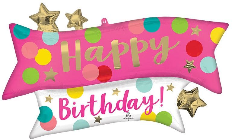 39" Wide Jumbo Happy Birthday Mylar - A bold, party-ready birthday display that instantly reads "celebrate" from across the room - this 39" wide jumbo arrangement centers on two stacked foil banner balloons, one pink reading "Happy" and one white reading "Birthday!" with mixed-color polka dots and tiny gold stars for extra sparkle. Perfect for birthday decorations, office parties, or surprising someone on their special day, the metallic finish and oversized lettering make the recipient feel recognized and celebrated the moment they walk in.  This all-balloon arrangement comes in bright pink, white, yellow, and mixed-color accents that catch light and camera flashes, creating cheerful visual impact with no floral elements. Easy to place on a table, perched at an entrance, or paired with a gift, it offers high-impact décor with minimal setup - choose it when you want a festive, photo-ready centerpiece that says "Happy Birthday" loud and clear.