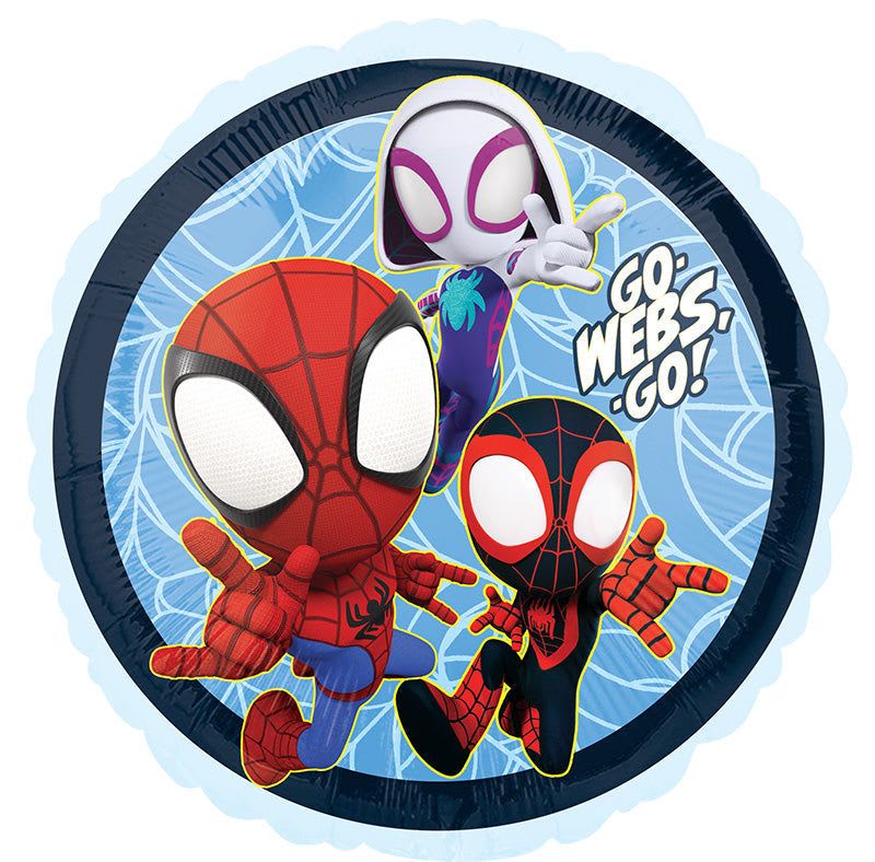 18" Spidey Mylar - A bold, kid-friendly party accent that instantly says "superhero celebration" - this 18" Spidey Mylar foil balloon is perfect for a birthday or themed party for the young Spider-Man fan. The round design features Spider-Man, Miles Morales, and Spider-Gwen in a comic-style pose against a bright blue web-patterned background, with energetic red and black costume accents and white "Go Webs Go" lettering that reads from across the room. It's a playful, gift-ready statement piece that makes the birthday child or party guest feel celebrated and excited.  This balloon measures 18 inches and is made of glossy foil for long-lasting shine and durability compared with latex. The bright blue, red, black, and white palette mixes well with other party décor and pairs easily with bouquets or gift bundles if you want to add florals or treats. Ideal for birthday parties, superhero-themed events, or as a cheerful surprise, it arrives ready to inflate and tie - choose helium for a floating centerpiece or air for stick display.