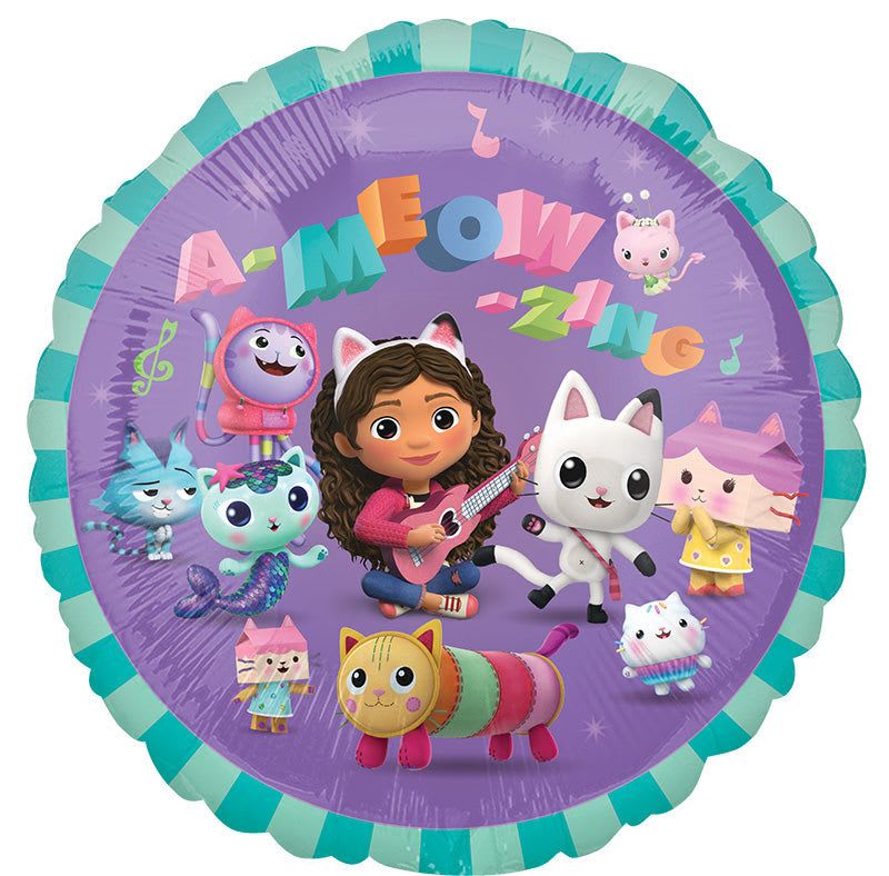 18" Gabby Dollhouse Mylar - A bright, playful foil balloon perfect for a birthday or children's celebration - this 18" round mylar features a purple center and teal scalloped border with a cheerful cartoon girl in cat ears strumming a pink guitar. The whimsical "A-MEOW-ZING" message and lively cat characters make this flower arrangement accent ideal for a kid's party or to surprise a young music lover with a fun, festive touch.  Colors pop in purple, pink, blue and green with yellow highlights for a joyful, energetic look that reads well across a party table or gift bouquet. The durable foil construction holds helium longer than latex, making it a reliable topper for a centerpiece or mixed arrangement and easy to pair with matching blooms or gift items.  Choose this balloon to make the birthday child feel celebrated and seen - it's the kind of playful accent that sparks smiles and photographs well. The 18" size works nicely with standard floral arrangements; specify helium if you need it floating, or order uninflated for local pick-up to add at the event.