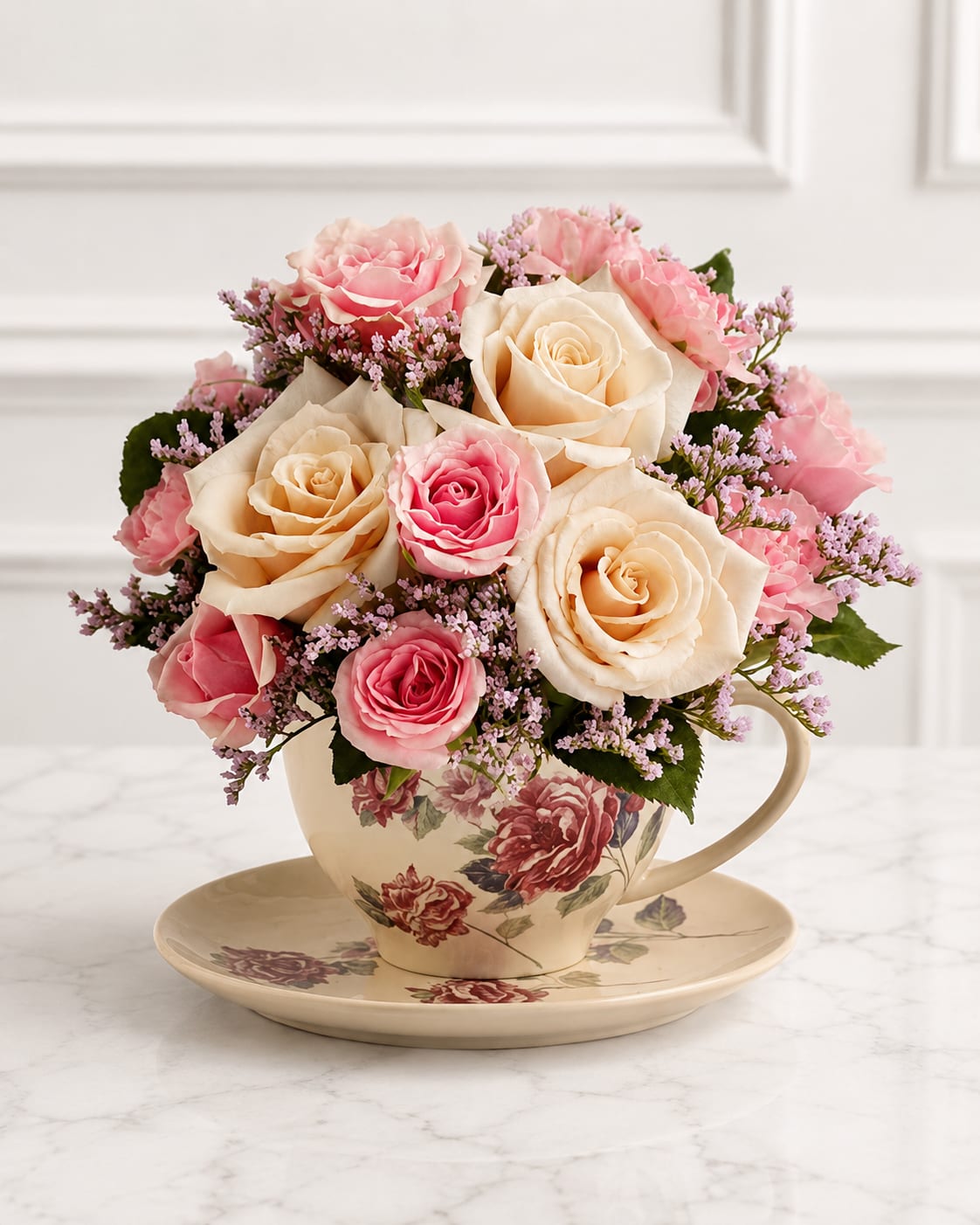 Vintage Rose Teacup™ - Delicate and timeless, Vintage Rose Teacup™ is a charming arrangement featuring elegant ivory roses, soft pink spray roses, pink carnations, delicate limonium, and fresh seasonal greenery, beautifully designed in a keepsake vintage floral teacup and saucer. Perfect for birthdays, Mother's Day, anniversaries, thank-you gifts, get well wishes, or simply brightening someone's day with classic elegance. The decorative teacup makes a lovely keepsake long after the flowers have bloomed.