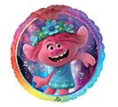 18" Trolls Mylar - A bright, round foil balloon featuring a smiling pink cartoon character in a blue dress and flower crown makes this 18" Trolls Mylar perfect for a kids' birthday or any playful celebration. As a party accessory or gift add-on, this colorful balloon - with vivid pinks, blues, purples and teal accents and a rainbow-like edge - instantly signals fun and festivity so the child you're celebrating will feel noticed and delighted.  This cheerful mylar measures 18 inches across and pairs easily with bouquets or gift baskets to create a coordinated look. Durable foil construction holds helium well for a longer-lasting display; use it as a table centerpiece accent or tied to a gift for a pop of color that complements pastel and mixed-color arrangements. Order it alongside a floral arrangement to make the recipient's special day feel extra joyful and complete.
