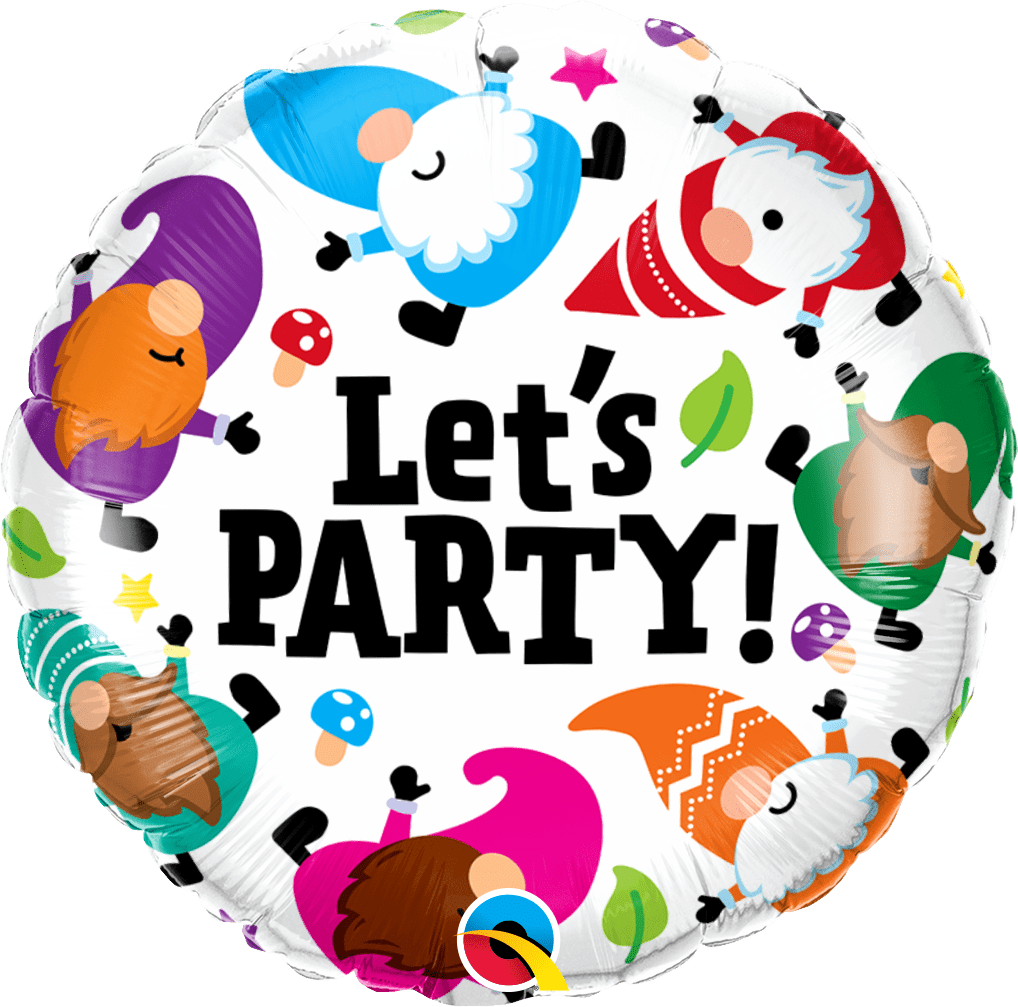 18" Let's Party Gnomes Mylar - A cheerful round foil balloon that announces celebration with playful style - perfect as a birthday balloon, graduation accent, or just-because party pick-me-up. This 18" "Let's PARTY!" mylar features bold black lettering on a white field and a row of colorful gnomes in bright pink, blue, orange, green, and purple, giving the recipient an immediate sense of fun and festivity.  Lightweight and ready to float, this mixed-color foil balloon works well as a standalone focal piece or paired with a small bouquet or gift to make someone feel truly celebrated. Ideal for party tables, surprise deliveries, or a whimsical addition to a celebration arrangement - order inflated for pickup or add to any floral gift to lift the mood and send a clear message: it's time to party!