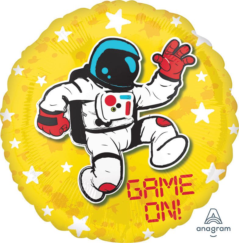 18" Game on Astronaut Mylar - A bold, playful foil balloon that says "GAME ON!" and brings instant party energy - perfect for a birthday celebration, graduation, or any victory moment where you want the person you're celebrating to feel cheered on. This 18" Game On astronaut mylar balloon is a novelty-style accent that reads as a fun, trophy-like gift for kids, teens, gamers, or anyone who just won something and deserves a celebratory boost.  The balloon is bright yellow with white star accents and a cartoon astronaut in a white suit, black visor, red gloves and boots, and a small blue helmet detail; the red "GAME ON!" lettering pops at the base for high-contrast visibility. As a single-ingredient hard good, it ships ready to inflate and pairs easily with bouquets, gift baskets, or a themed party display - a light, durable focal piece that makes the recipient feel recognized and celebrated.