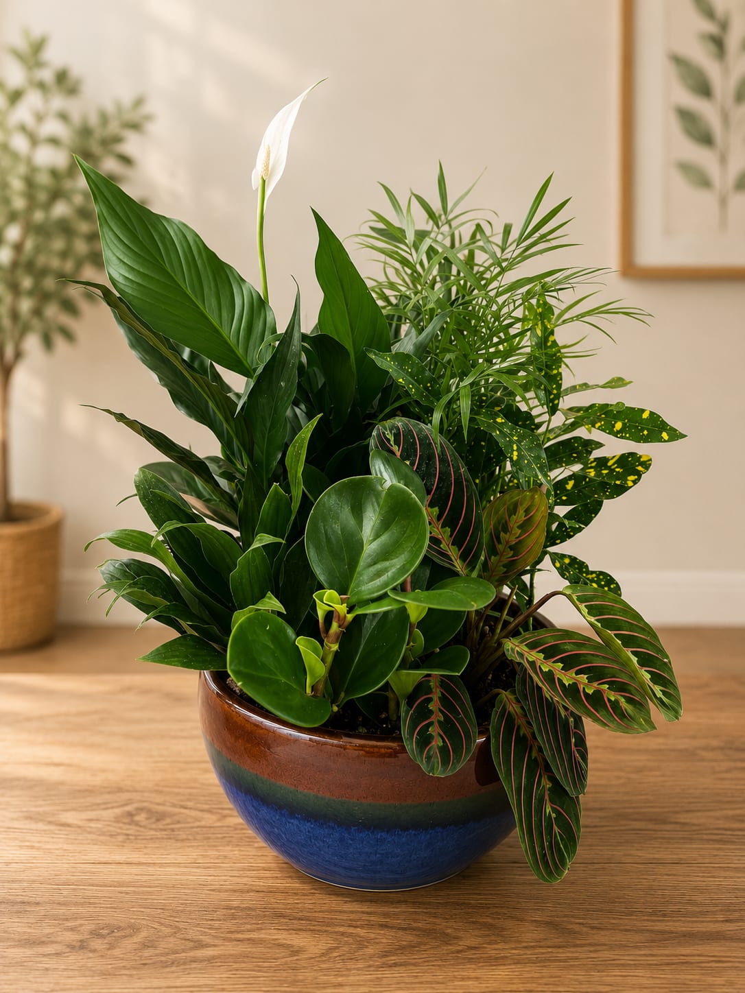 Evergreen Elegance Garden - Lush layered foliage takes center stage in this mixed houseplant arrangement, making it an ideal housewarming gift, thoughtful get-well gesture, or calming addition to a home or office. The Evergreen Elegance Garden pairs varied leaf shapes and textures-broad glossy leaves, narrow fronds, and patterned foliage with pink veining and yellow speckles-so the person you're thinking of will enjoy a living display that looks fresh from every angle. A single white peace lily spathe rises above the cluster as a clean, peaceful focal point that reads as both comforting and elegant.  Planted in a rounded ceramic bowl with a glossy brown-to-blue glaze, the arrangement reads contemporary and polished on a coffee table, desk, or entry console. Because this is a mixed houseplant planting rather than a cut-flower bouquet, it offers lasting presence and low-maintenance green impact; the compact, layered composition keeps visual interest without taking up much space. Size and care details are provided at checkout-this is the kind of living gift that gently brightens a room and makes the recipient feel seen and cared for.