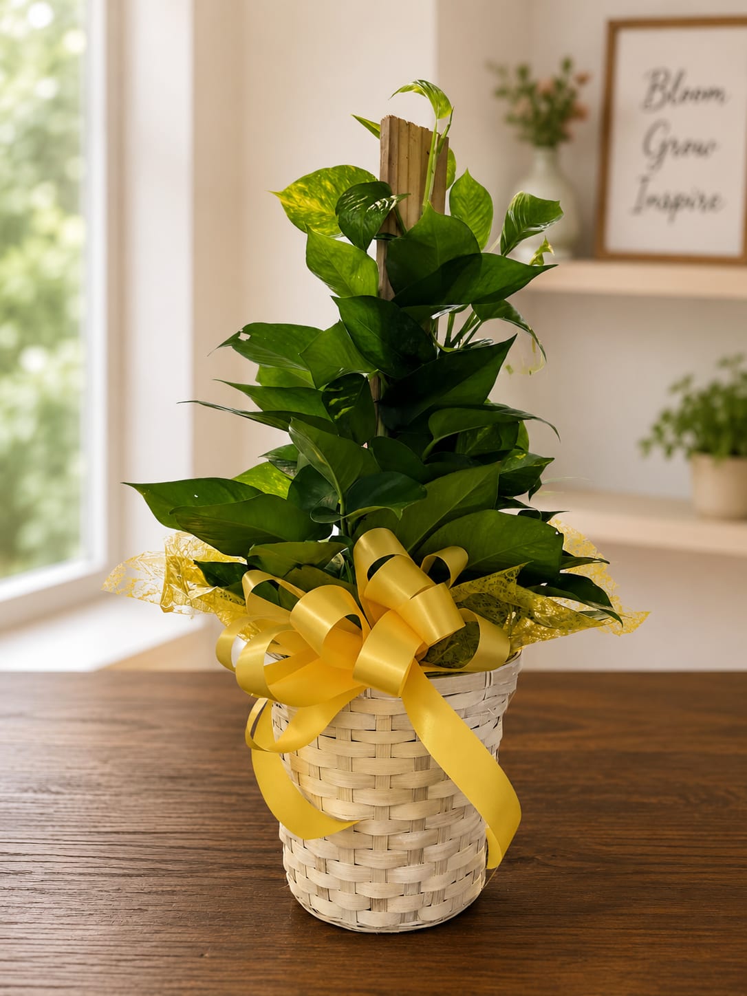     Golden Pothos Tower - A striking upright display of glossy green foliage, this Golden Pothos Tower makes an immediate fresh, cheerful statement for housewarming, thank-you, or just-because gifts. As a plant arrangement rather than cut flowers, it's the kind of everyday green that greets someone for weeks-perfect for brightening a living room, entryway, or office and sending a warm, long-lasting message to the person you're thinking of.  The Golden Pothos sits tall in a neutral woven basket, its layered, heart-shaped leaves showing streaks of green and yellow against pops of white variegation. Finished with a large yellow ribbon, decorative wrap, wooden stake, and secure basket base, the presentation feels casual and thoughtfully dressed. Low-maintenance care makes it ideal for new plant owners: keep in bright, indirect light and water when the top inch of soil is dry. Available in a single upright size suited to tabletops and floor corners, it arrives ready to gift-no extra potting required.