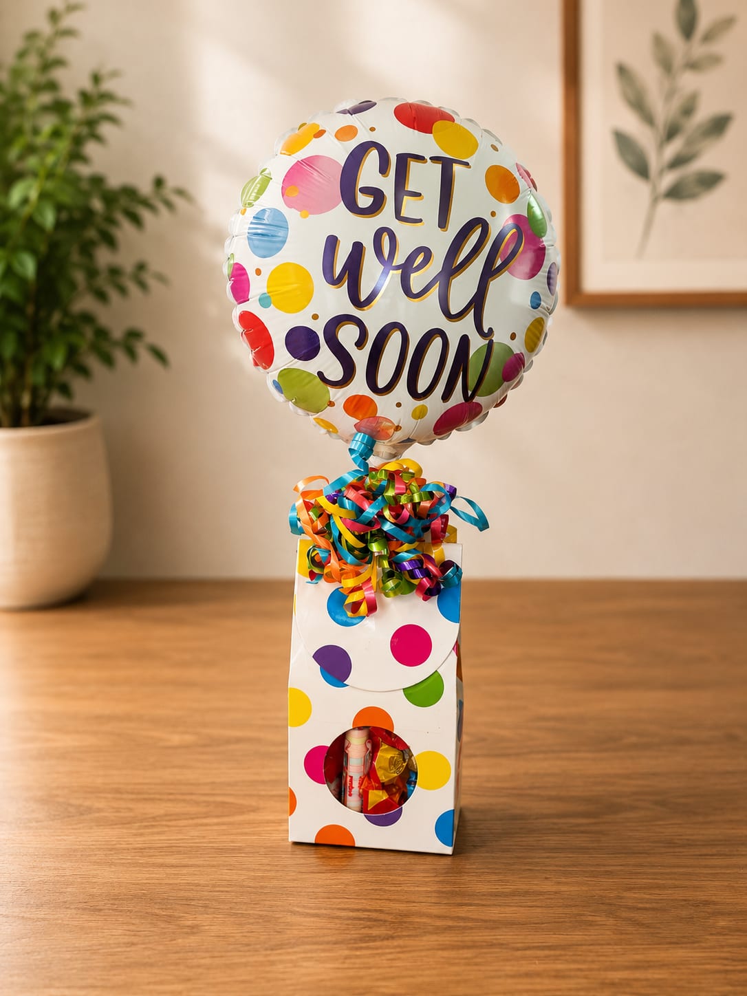 Get Well Candy Gift Box - A playful, upbeat get-well bouquet and gift set designed to brighten a recovery or thinking-of-you moment. This get-well arrangement features a round foil balloon printed with "GET well SOON" in purple lettering and bright multicolored polka dots, paired with a white polka-dot gift box topped with a dense cluster of curled rainbow ribbons-an immediate visual lift for someone under the weather.  Inside the windowed box you'll find assorted candy that adds a sweet, comforting touch alongside the floral elements in mixed colors of pink, purple, and white. The combination of soft blooms and cheerful hard goods-balloon, ribbon curls, and candy-creates a ready-to-give presentation that feels both celebratory and gently encouraging. Ideal for hospital visits, home recovery, or a little pick-me-up for a friend, it arrives arranged and gift-ready; minimal care is needed beyond keeping the flowers in fresh water and enjoying the treats and balloon as they lift spirits.