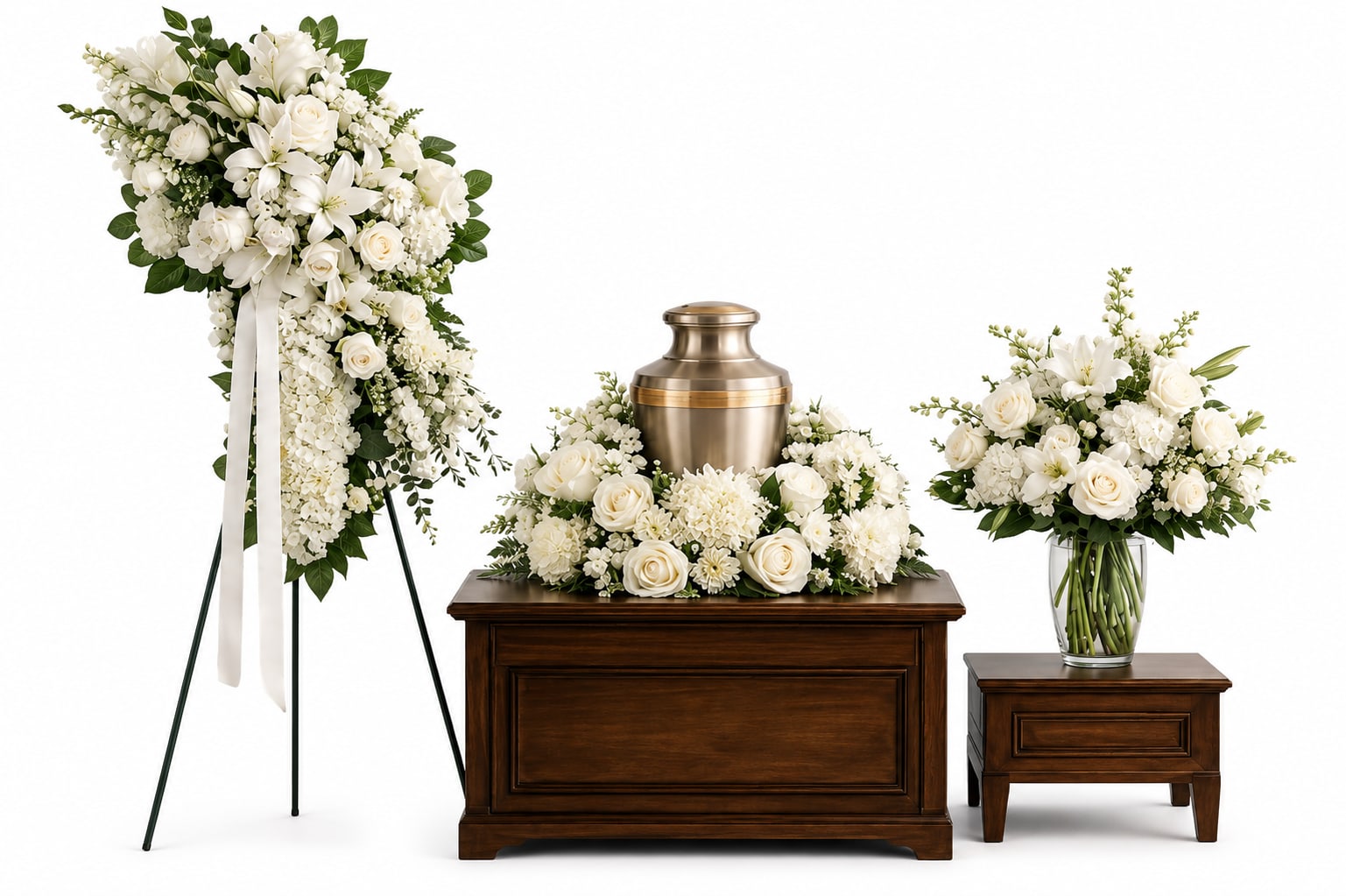 A Tribute Filled With Pure Love Bundle - A serene, all-white sympathy arrangement set designed to honor a life with quiet dignity-perfect for a funeral or memorial service. This funeral flower arrangement bundle places the urn at the center, surrounded by coordinated sprays and vase pieces so the memorial feels unified and reverent. The composition reads formal and comforting, the kind of tribute that helps loved ones feel seen and supported during a difficult moment.(urn not included)  Soft white roses and lilies mingle with full hydrangea-like blooms, delicate daisies, and small filler flowers set against deep green foliage to create layered texture and a tranquil palette. A tall standing spray with a white ribbon provides a graceful vertical anchor, while a compact glass vase arrangement sits on a wooden side table for close viewing; the pieces are displayed on dark wooden surfaces that enhance the bronze urn's warmth. Sizes vary by piece; each element is thoughtfully scaled so the grouping reads balanced whether placed on a casket table, by the podium, or near a memorial photo.  This coordinated set is intended for sympathy and funeral use and communicates love, respect, and remembrance to the person you're honoring. Individual pieces may be available for separate purchase-please call the shop for pricing.