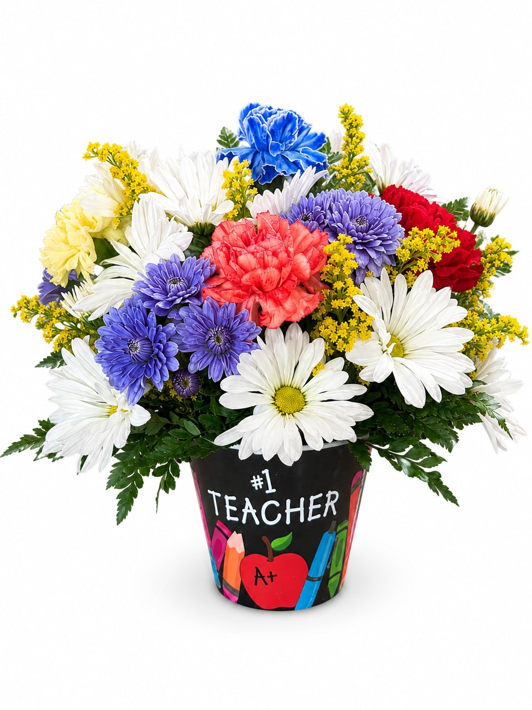 #1 Teacher - Celebrate the amazing teacher in your life with this cheerful keepsake arrangement! Designed in a reusable “#1 Teacher” container, this colorful mix of fresh blooms is a thoughtful way to say thank you for all they do. Perfect for Teacher Appreciation Week, the first day of school, end-of-year gifts, or just because.