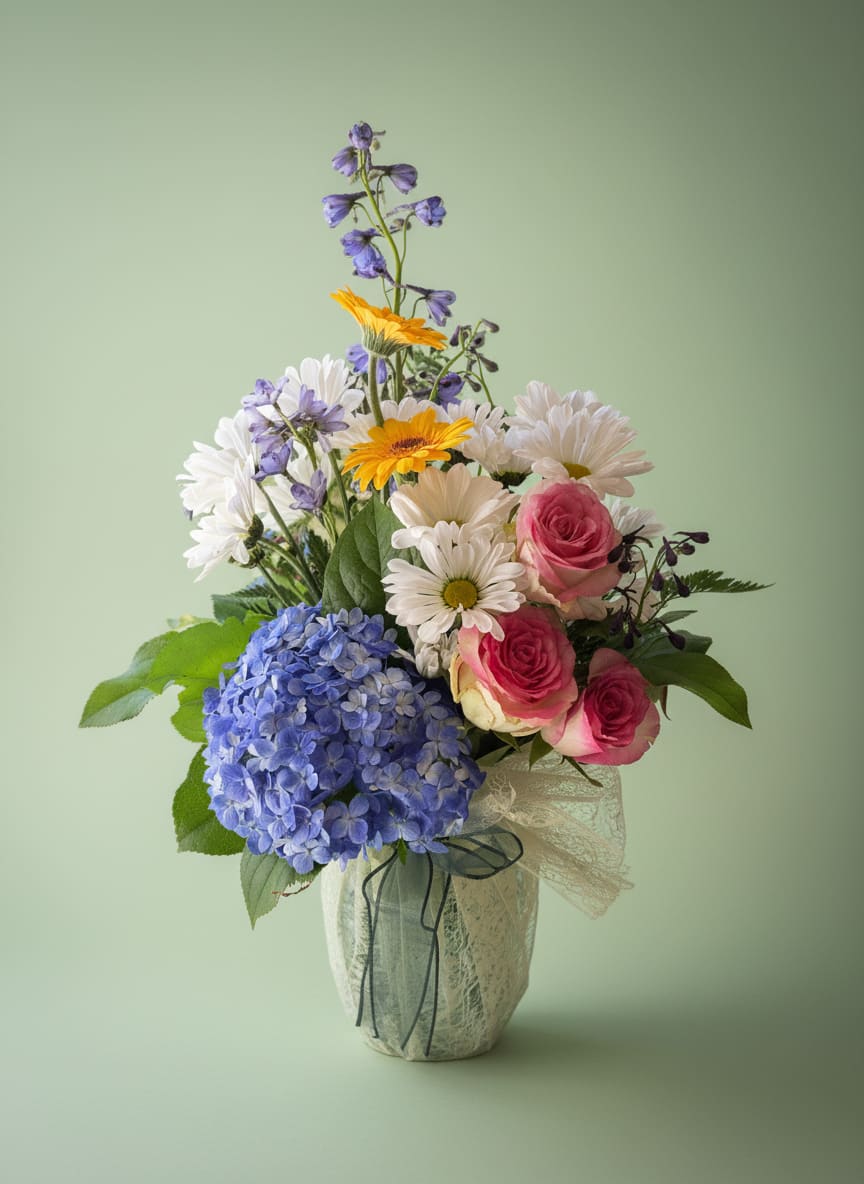Meadow Song - A colorful mix of hydrangea, roses, daisies, seasonal blooms, and fresh greenery arranged in a whimsical garden style filled with texture, movement, and cheerful charm.