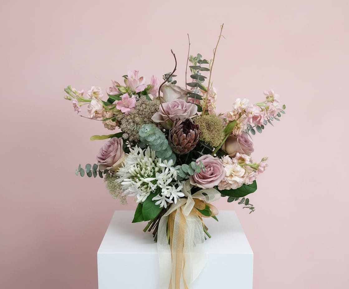 Softly Untamed - A lush, garden-inspired arrangement overflowing with soft pinks and blush blooms, lilies, whimsical textures, fresh greenery, and seasonal florals artfully designed with movement, abundance, and natural beauty. All Garden Roses.
