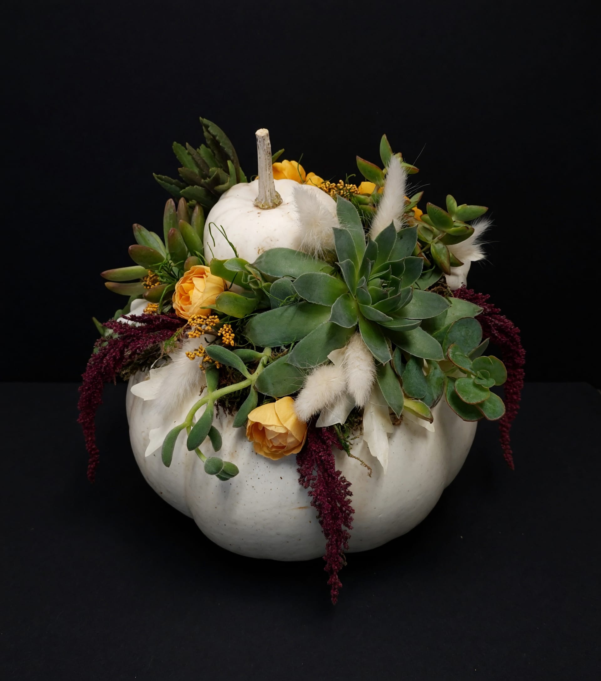 Harvest Pumpkin Succulent Garden - White pumpkin planter filled with succulents, seasonal blooms, and fresh greenery. A charming gift for fall, housewarmings, birthdays, or anyone who loves unique botanical designs.