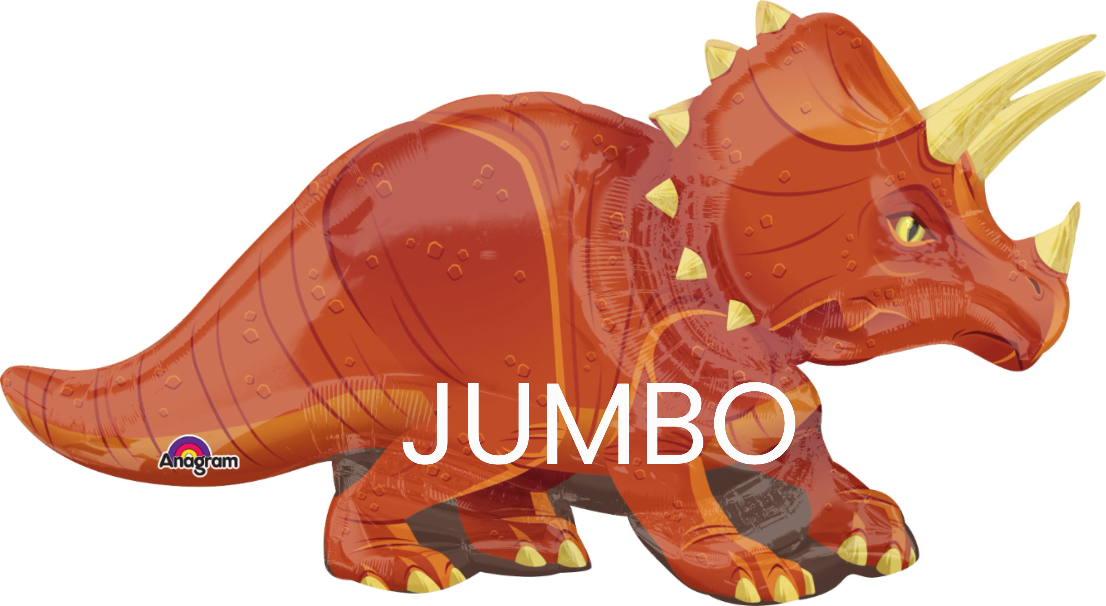 42" Jumbo Dinosaur Triceratops Mylar - A bright, jumbo 42" triceratops foil balloon brings instant joy to a birthday party or dinosaur-themed celebration. This playful party balloon reads as a novelty gift that will make a child-or any dinosaur fan-feel celebrated, adding a bold, cheerful focal point to a room or gift table.  The glossy orange balloon features cartoon-like detailing with sunny yellow horns, frill accents, and little yellow feet highlights, plus black outlines that make the features pop. Sized to stand out at 42 inches, it's a ready-to-use hard good that pairs well with bouquets, gift baskets, or as a solo surprise. Ideal for kids' birthdays, themed events, or as a fun congratulations, it ships inflated and ready to display; keep away from sharp edges and rough handling for best longevity.