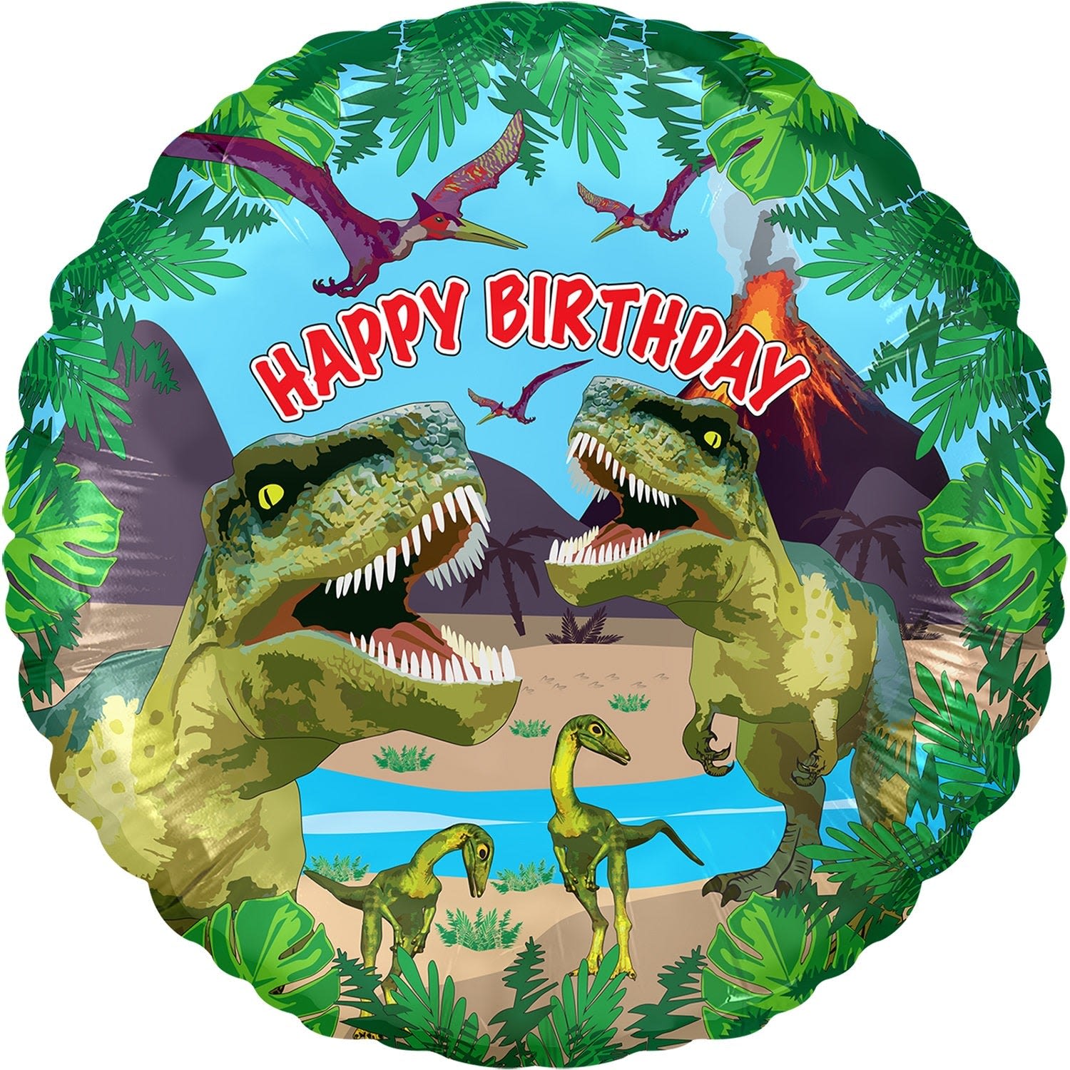 18" Happy Birthday Dinosaur Mylar - A playful, child-friendly foil balloon featuring two large T. rex figures, smaller dinosaurs, jungle leaves and a volcano against a bright blue sky - perfect as a birthday centerpiece or cheerful add-on for a dinosaur-themed birthday. The bold red "Happy Birthday" text and energetic illustration make it clear this is a celebratory party item that will make the child you're thinking of grin the moment they see it.  This 18" round Mylar balloon comes in bright green, blue, red and purple accents and pairs easily with bouquets or as a standalone surprise tied to a gift. Lightweight and eye-catching, it's a simple way to amplify a party table, gift bouquet, or room decoration; inflate with air or helium and secure with a ribbon for best effect.