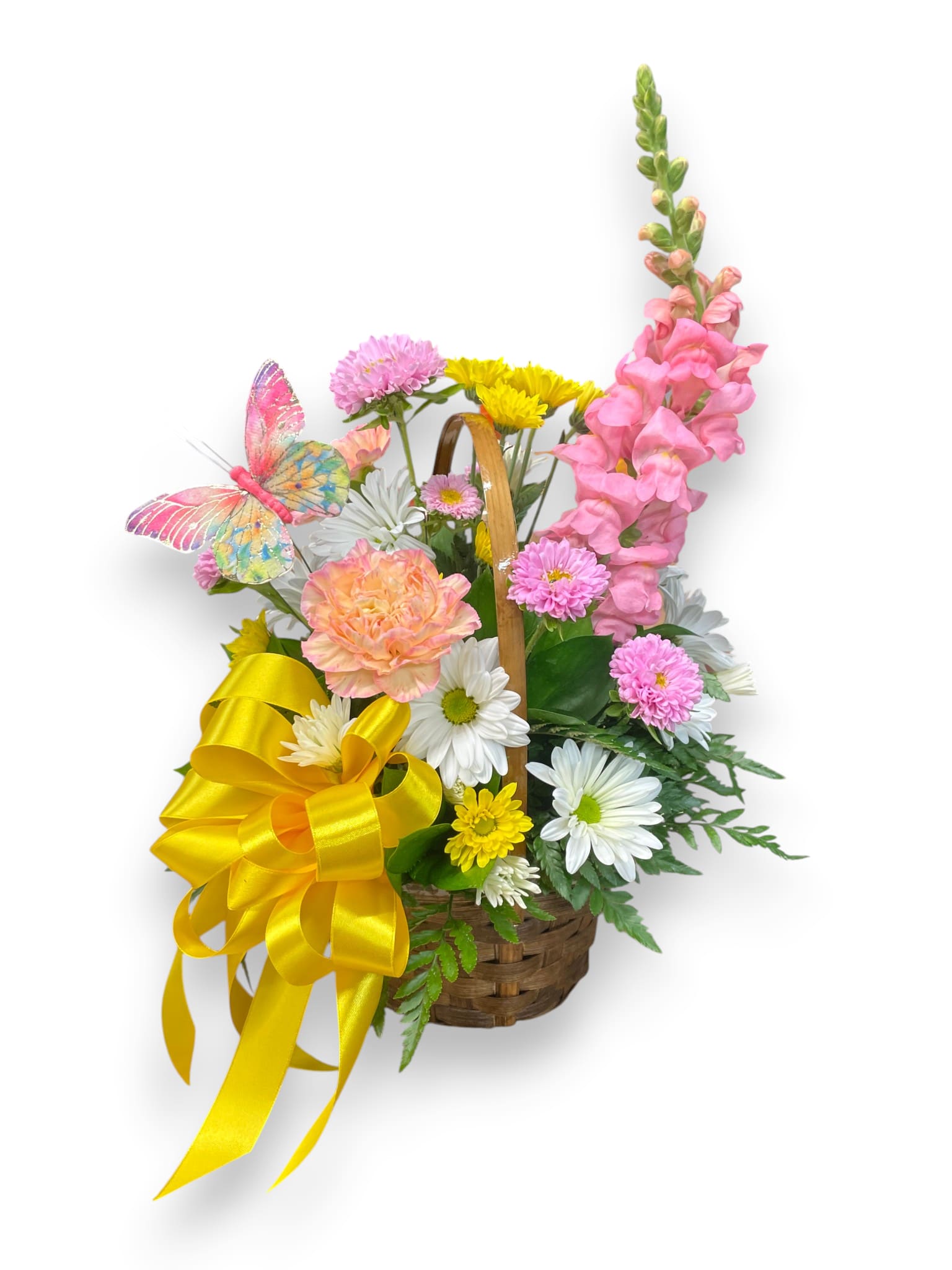 Butterfly Daisy Delight - Butterfly Daisy Delight is a charming flower basket featuring pink snapdragons, peach carnations, and a mix of white and yellow daisies. The fresh, cheerful blooms are beautifully arranged and accented with a small butterfly decoration. Perfect as a get well, birthday, or “just because” gift, this arrangement brings the feeling of a sunny garden indoors. It’s an ideal choice for any nature or garden lover.