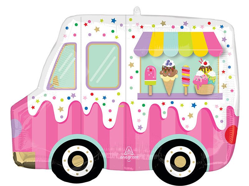 26" Ice Cream Truck - A playful, child-friendly foil balloon shaped like a pink-and-white ice cream truck makes an instant party centerpiece for birthdays and celebrations. This 26" Ice Cream Truck balloon reads as a festive decoration that announces "fun" the moment it's seen - perfect for a child's birthday, a baby shower, or any cheerful celebration where you want the recipient to feel delighted and celebrated.  Designed with a striped awning, window panels, oversized wheels, candy-like dessert illustrations, scattered confetti stars and bright pastel accents, the colorful design mixes pink, white, yellow and mixed-color details to match a wide range of party palettes. The lightweight foil construction holds helium well for a long-lasting display; tie it to a weight or add to a balloon bouquet to create an eye-catching focal point that complements floral pieces or stands happily on its own.
