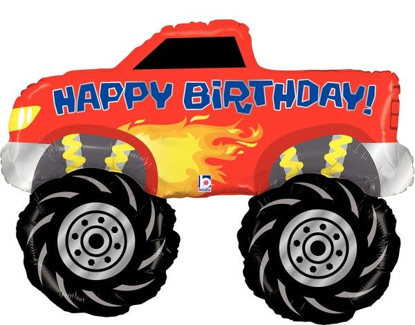 40" Jumbo Monster Truck Happy Birthday Mylar - A bold, kid-friendly 40" jumbo monster truck foil balloon ready for a birthday celebration-perfect for a child's birthday party or anyone who loves big wheels and playful decor. This truck-shaped Happy Birthday Mylar makes a lively focal point on a party table or as a photo backdrop, sending an instant message of fun and celebration to the person you're thinking of.  The bright red truck body contrasts with black windows and oversized black wheels for that authentic monster-truck look, while blue "Happy Birthday!" lettering and yellow flame graphics add energetic pops of color. As a standalone foil balloon, it's simple to place wherever you need party impact-no vase or extra florals required. Inflate per the supplier's instructions and tie securely; it's designed to hold shape and color throughout the party for worry-free decorating.