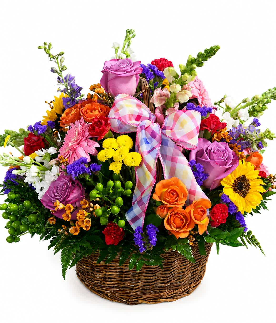 Colorful mixed flower basket with a plaid ribbon bow