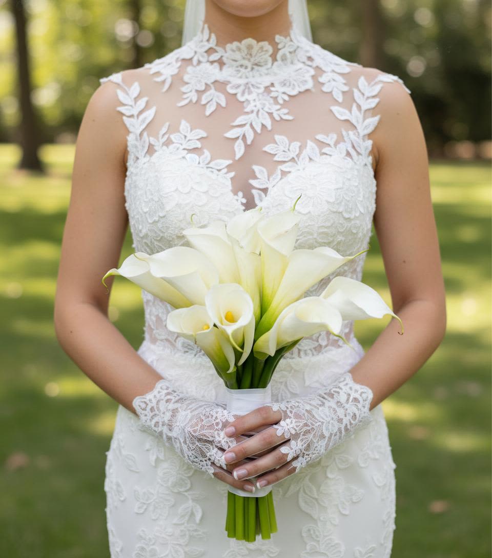 Bride holding a bouquet of white calla lilies