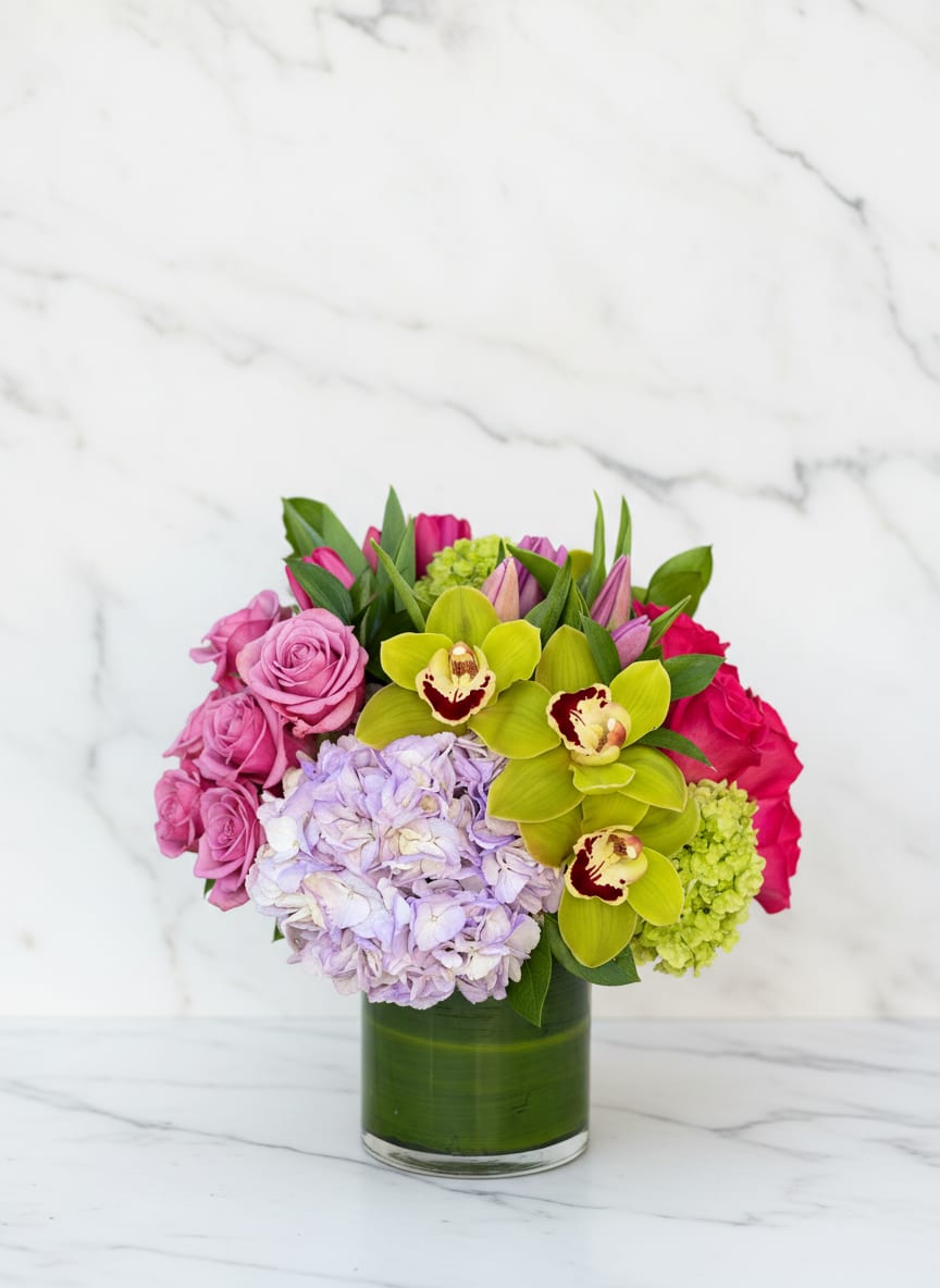 Marina Girl - Upscale and uptown. This fantastic arrangement is a beauty and a half to behold. Overflowing with gorgeous blossoms and delivered in a leaf-lined cylinder vase, it's truly a floral fantasy.  Green and pink hydrangeas, green cymbidium orchids, hot pink and lavender roses, tulips and more are beautifully arranged in a large clear glass cylinder vase. Shown in premium  Approximately 13" W x 14" H  Orientation: All-Around      As Shown : T82-3A     Deluxe : T82-3B     Premium : T82-3C  