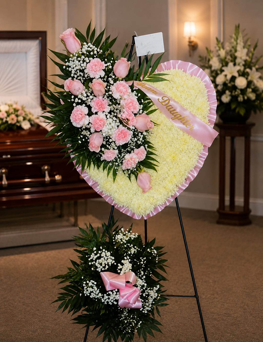 SP7 Standing Spray - A solid heart with a mixture of pink carnations, pink roses, white fuji mums, baby's breath, greens and pink bow  Banner - $15.00 + extra  Substitutions may apply due to flower availability