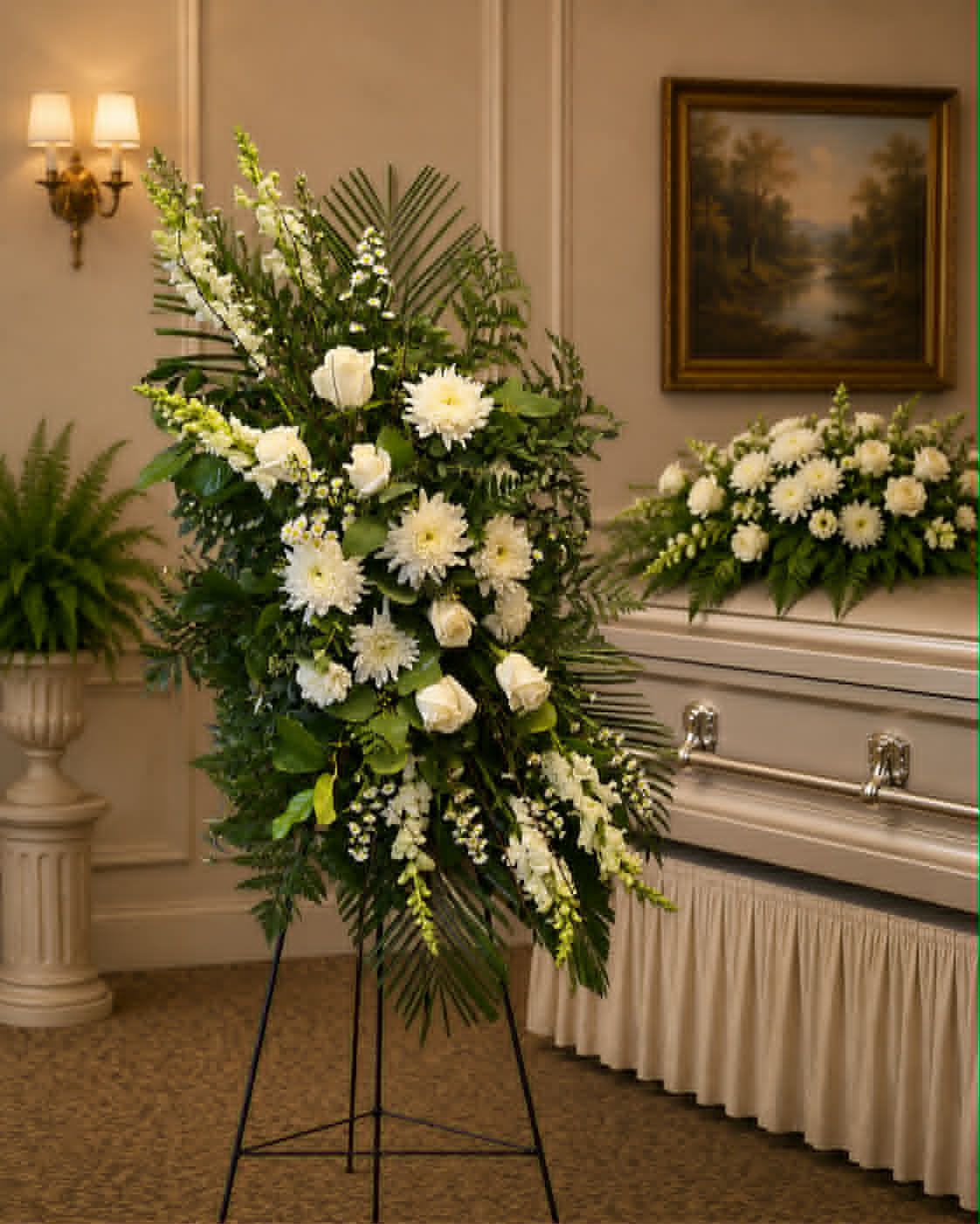 SP34 Standing Spray - A mixture of white magnum mums,  white roses, white monte casino, white snap dragons and greens.  Banner - $15.00 + extra  Substitutions may apply due to flower availability