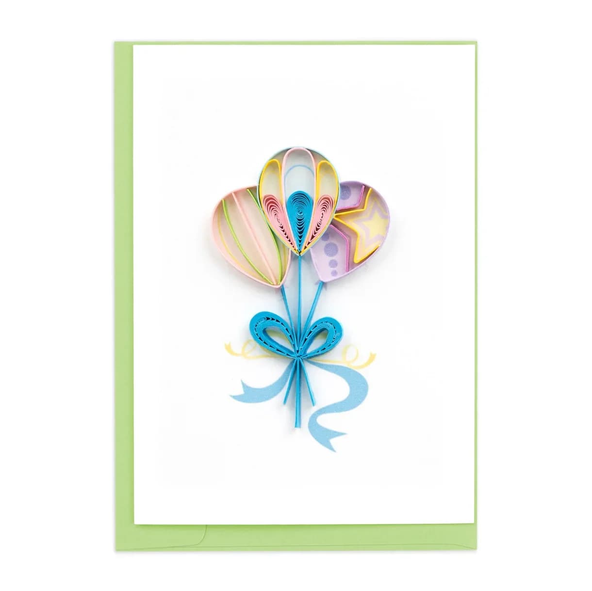 Mini Quilled Colorful Balloon Card - These hand-crafted balloons will set everyone dreams soaring. Accented with a quilled blue ribbon this mini card just looks like it belongs at a party.  A gift enclosure is perfect for you to share a short message or to personally identify items. They make a wonderful accent to pair with gifts, gift bags, bouquets, and much more!   Each quilled gift enclosure is beautifully handmade by a highly skilled artisan. A quilled card is meant for you to share, cherish as a keepsake, or display as the work of art it is.  Outside Copy: Blank Inside Copy: Blank Size: 2.5 in. x 3.5 in  Accompanied by a color-coordinated envelope.