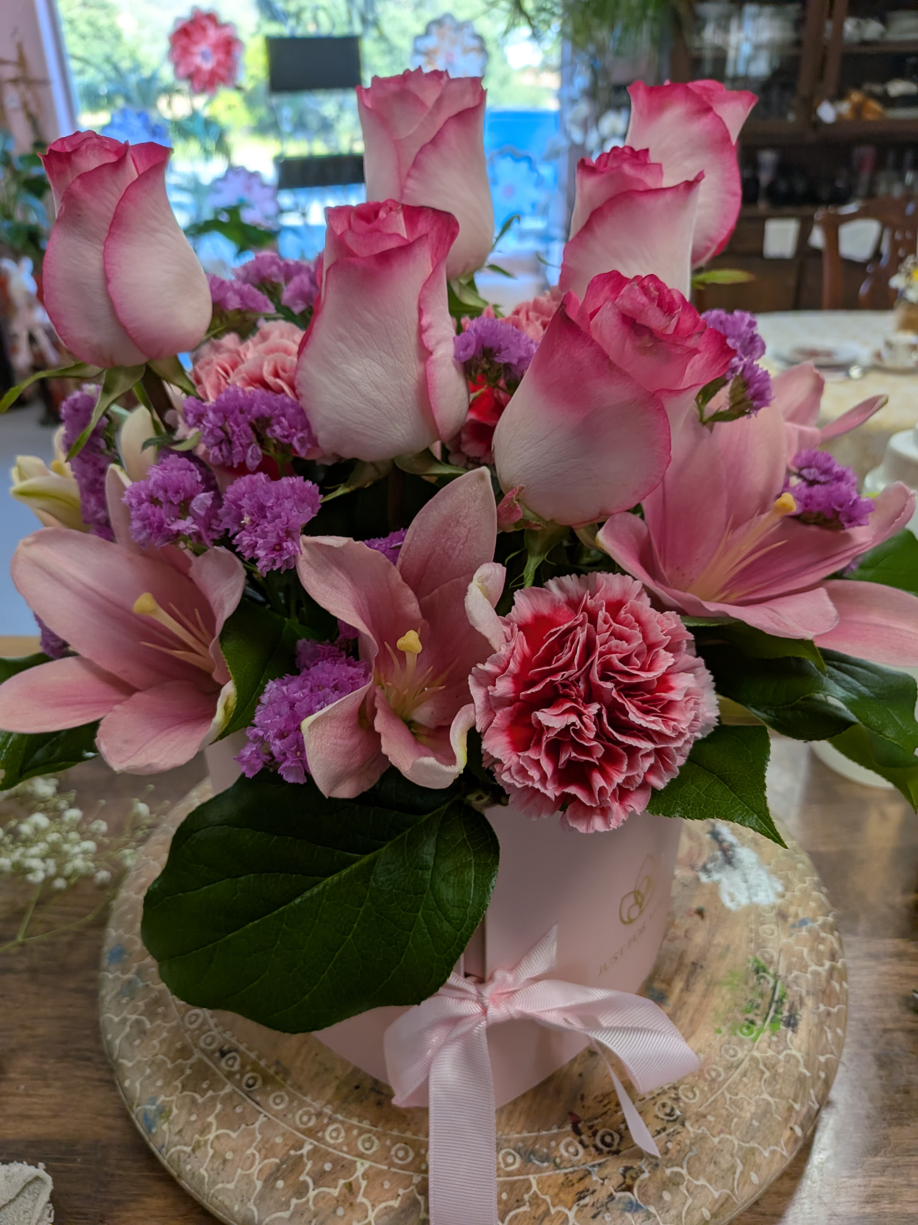 Pink heart - Double heart box flowers and cookies, candy or something special 