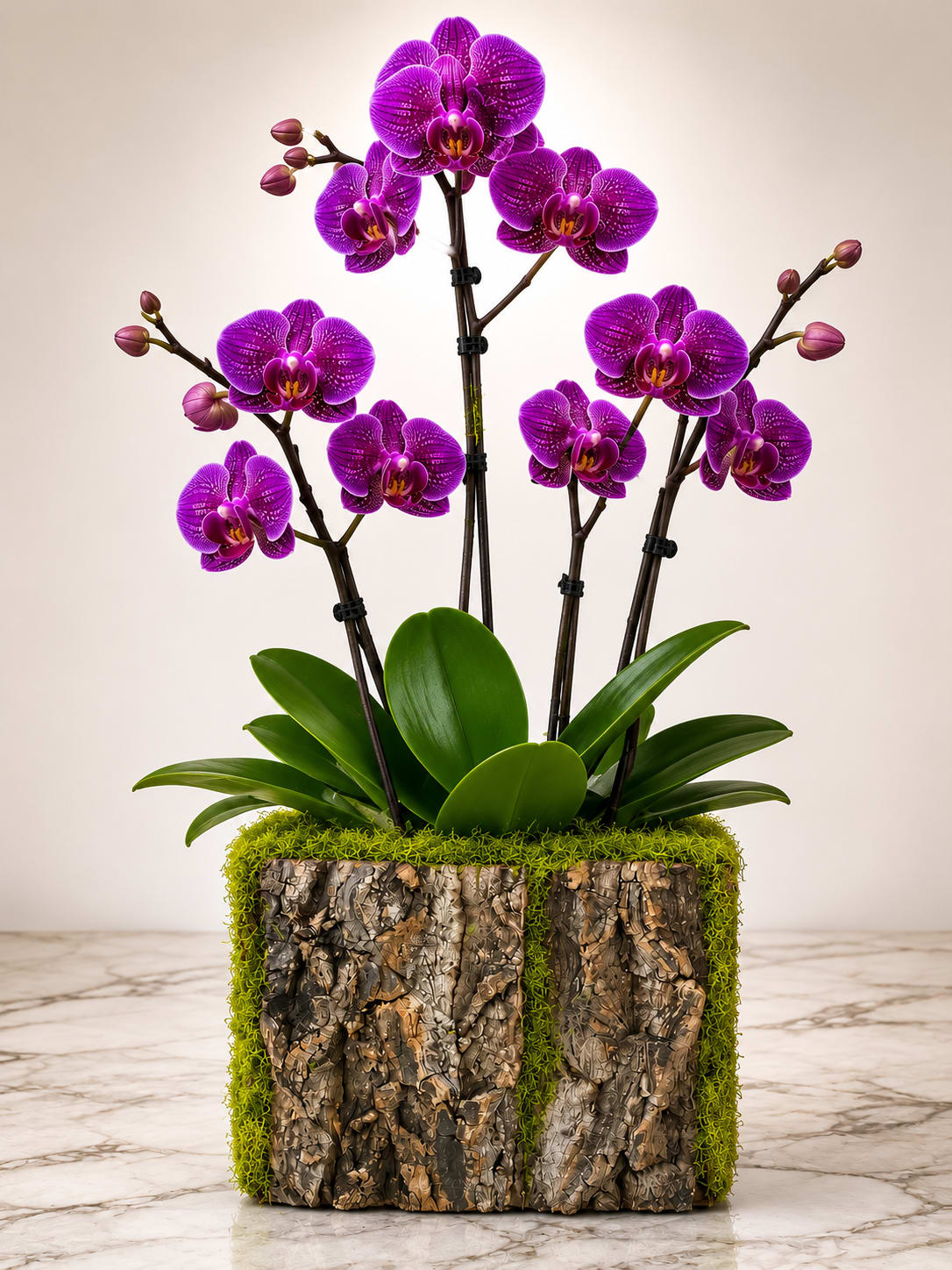Forest Elegance - Vivid purple Phalaenopsis orchids take center stage in this elegant orchid arrangement, a refined choice for an anniversary gift, a corporate desk, or a thoughtful birthday surprise. The tall staked stems display multiple saturated purple blooms and tight buds, creating a graceful vertical silhouette that reads as both formal and modern - the kind of gift that makes the person you're thinking of feel truly celebrated.  Broad, glossy green leaves form a lush base around the orchid's roots, planted in a decorative square planter wrapped in a textured, bark-like finish. Bright green moss edges the soil for a finished, natural look and adds a soft contrast to the planter's contemporary lines. Compact yet striking, the arrangement fits well on a console, office credenza, or tabletop and arrives ready to display.  Designed to impress with low-maintenance elegance, the orchid will reward basic care: bright, indirect light and moderate watering when the growing medium begins to dry. Choose this arrangement when you want a lasting, sophisticated floral statement that brings calm color and polished style to a home or workplace.